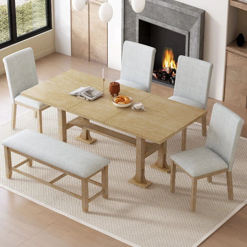 Topmax - 6 Piece Farmhouse Extendable Dining Table Set Trestle Kitchen Table Set With Removable Leaf And Upholstered Dining Chair And Bench For Dining Room by HouseOfZazla