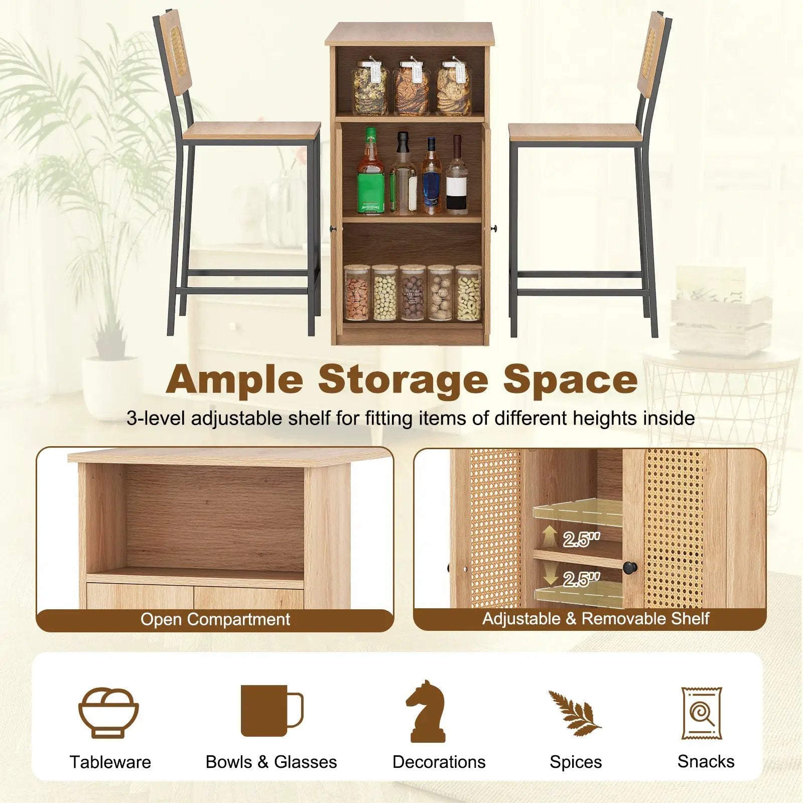 3-Piece Bar Table and Chairs Set with Storage Shelves and Footrests-Natural by DirectDeals