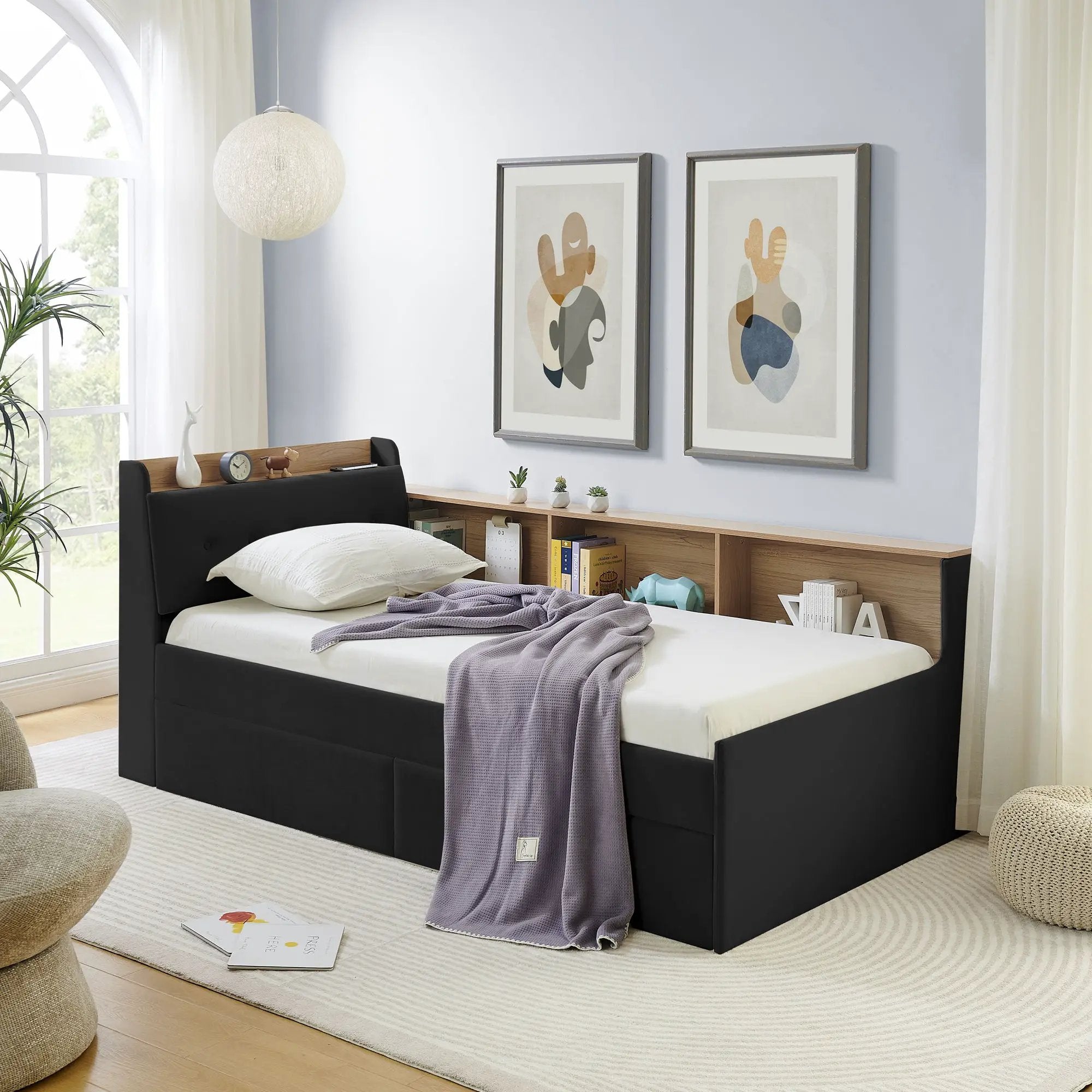 Upholstered Daybed With Storage Headboard, Wireless Charging, LED Lights by Unique Piece Furniture