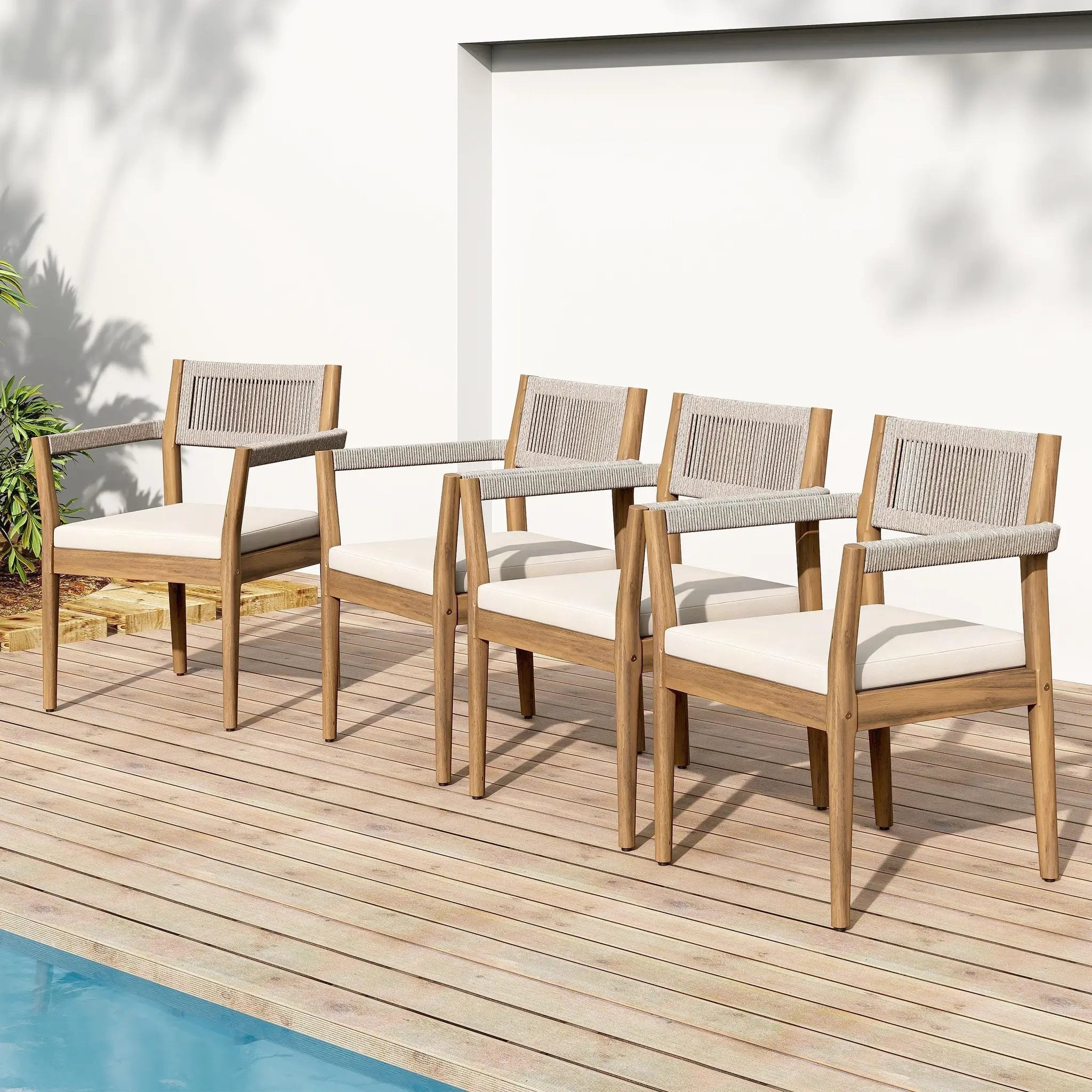 Braided Acacia Wood Outdoor Dining Chairs Set of 2 – Teak Look with Beige Rope & Cream Cushions by HouseOfZazla
