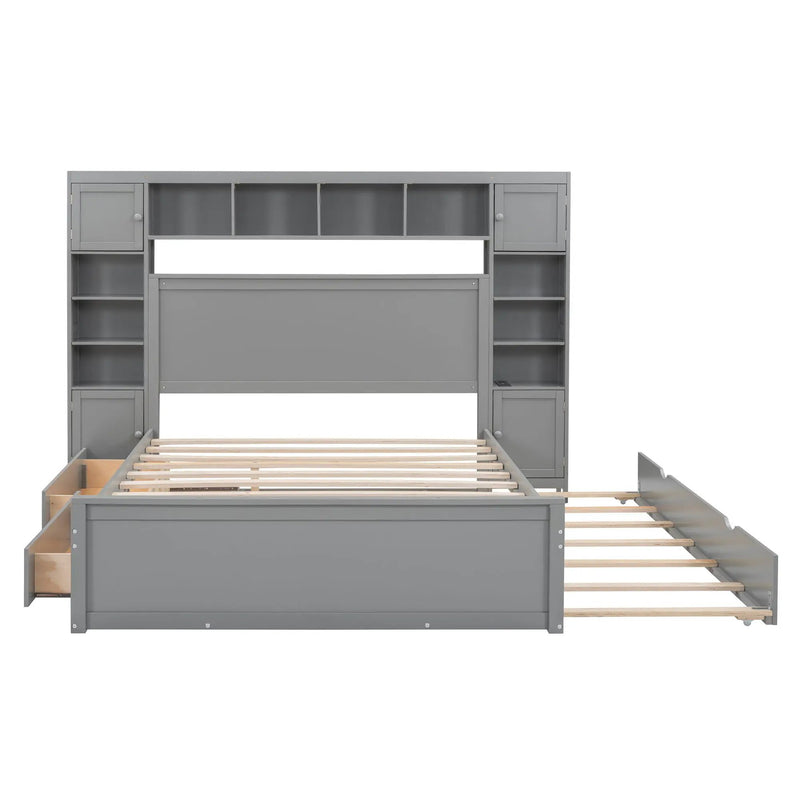 Bed With All In One Cabinet, Shelf And Sockets, Twin Long Trundle by Unique Piece Furniture