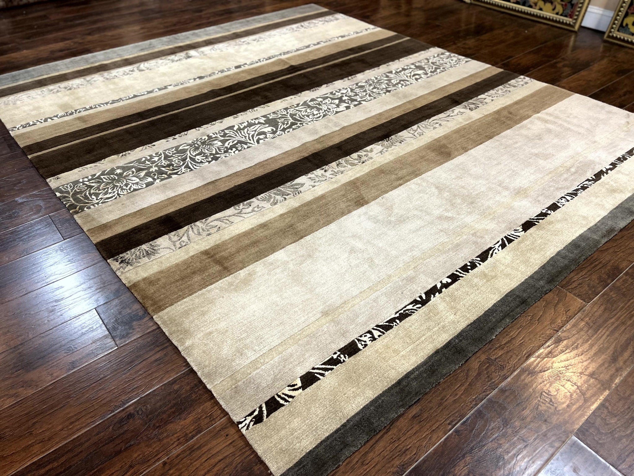 Modern Tibetan Nepali Rug 8x12, Stripe Pattern, Wool with Silk Highlights, Handmade, Beige Tan Brown by Jewel Rugs