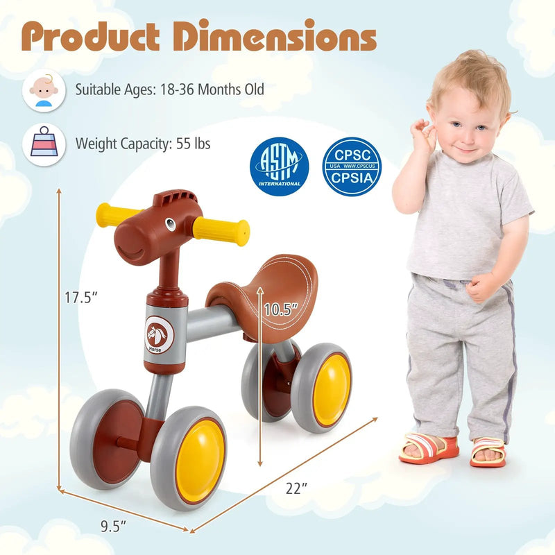 Baby Balance Bike No Pedal 4-Wheel Bicycle-Brown by DirectDeals