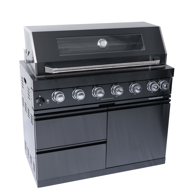 NG 85" 6-Burner 85,000 BTU Black Outdoor Kitchen Island Grill Refrigerator + Rotisserie Kit + Sink by Chery Industrial