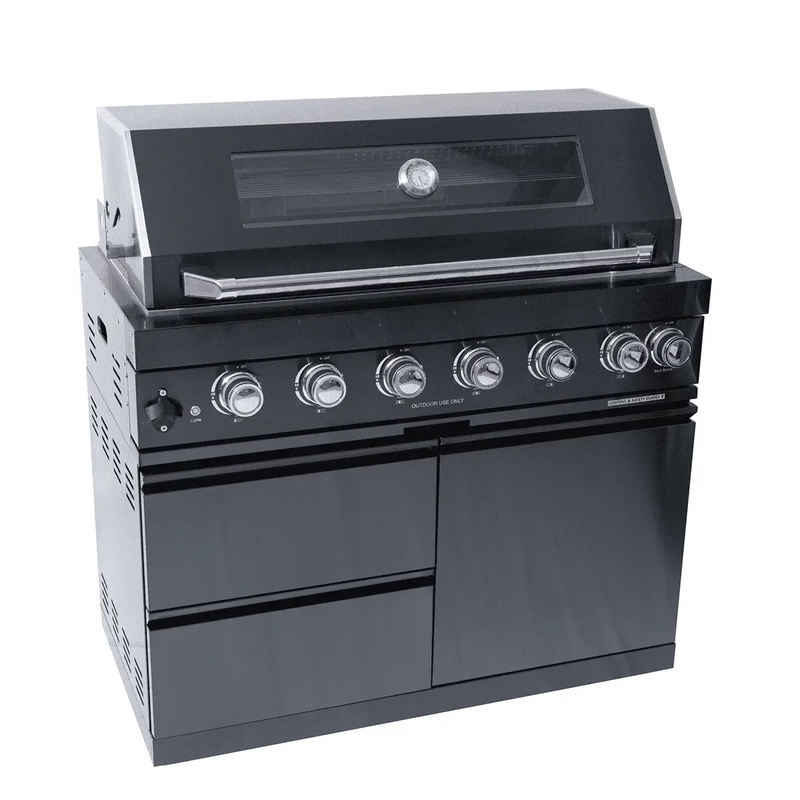 NG 85" 6-Burner 85,000 BTU Black Outdoor Kitchen Island Grill Refrigerator + Rotisserie Kit + Sink by Chery Industrial