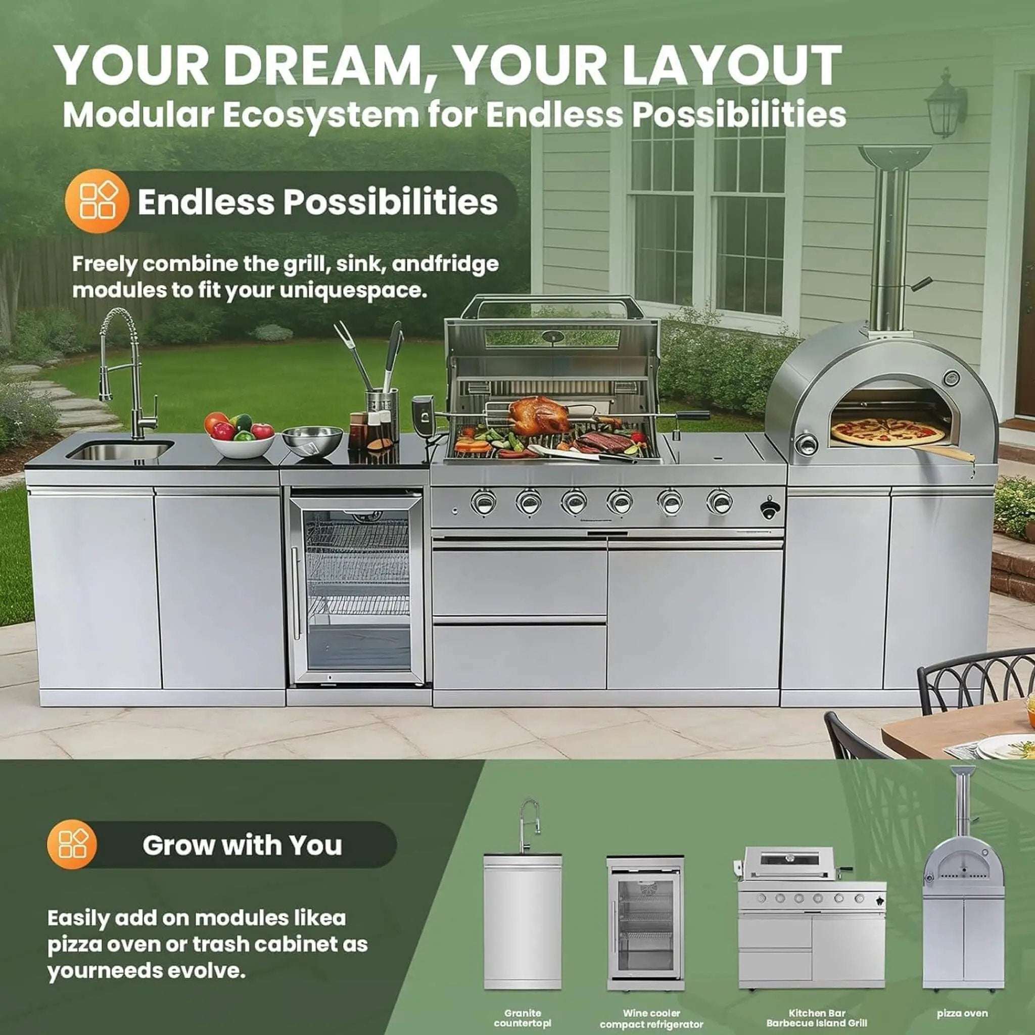 Blazon 125-Inch 4-Burner 108K BTU Outdoor Kitchen Island With Pizza Oven, Rotisserie & Refrigerator (SAK55768) by SAKSBY WHOLESALE