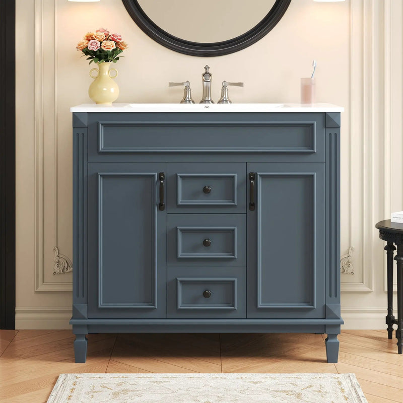 36" Bathroom Vanity With Ceramic Sink and Soft-Close Doors - Blue