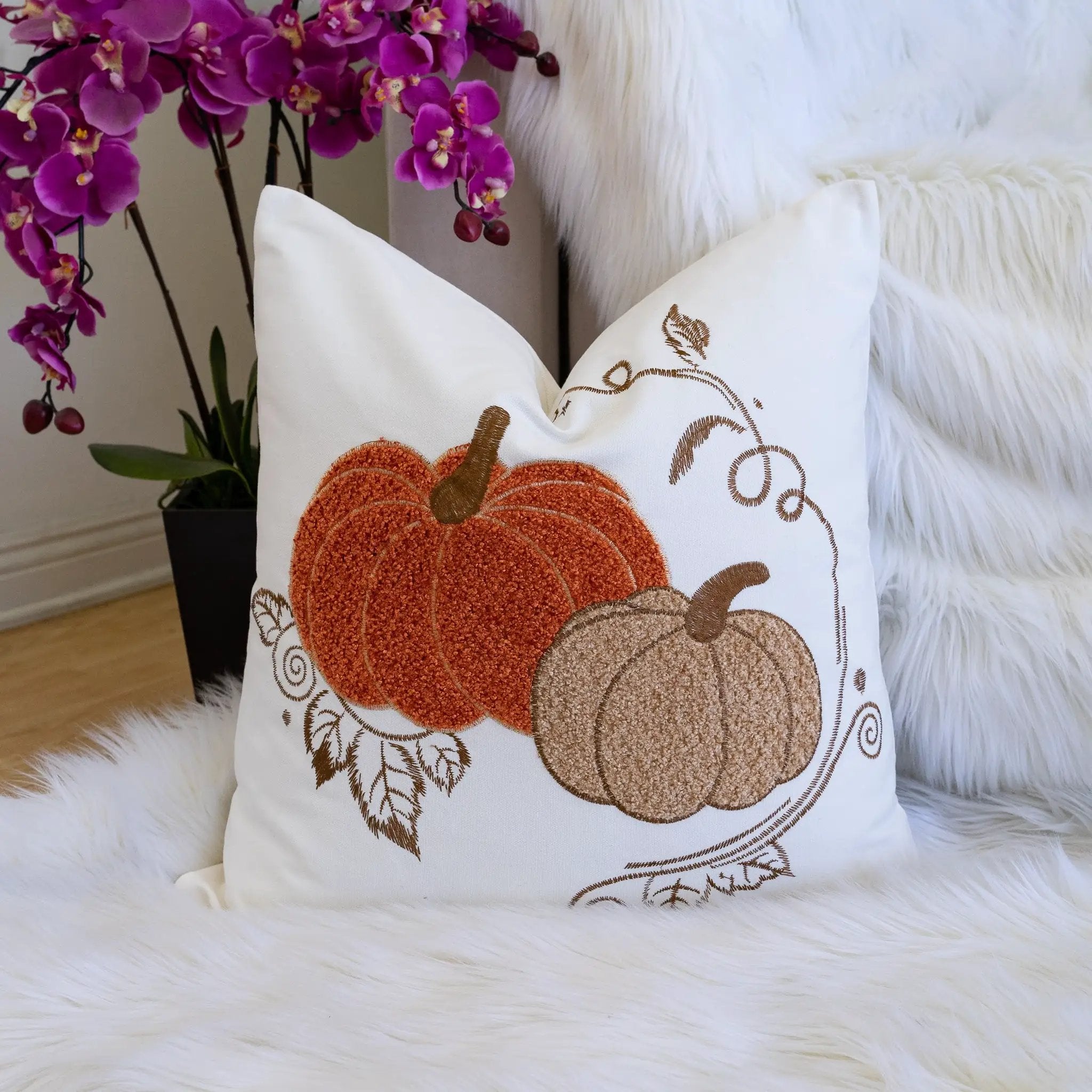 Pumpkin Embroidered Cotton Throw Pillow – Autumn Harvest Accent Cushion Set of 2 by HouseOfZazla