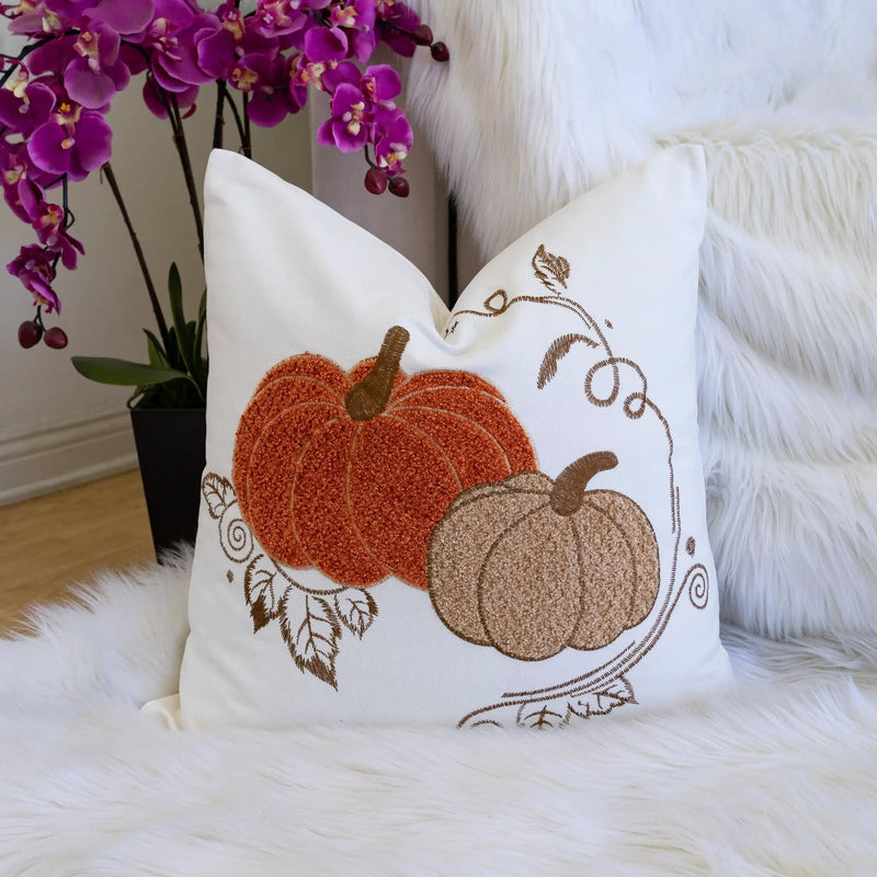 Pumpkin Embroidered Cotton Throw Pillow – Autumn Harvest Accent Cushion Set of 2 by HouseOfZazla