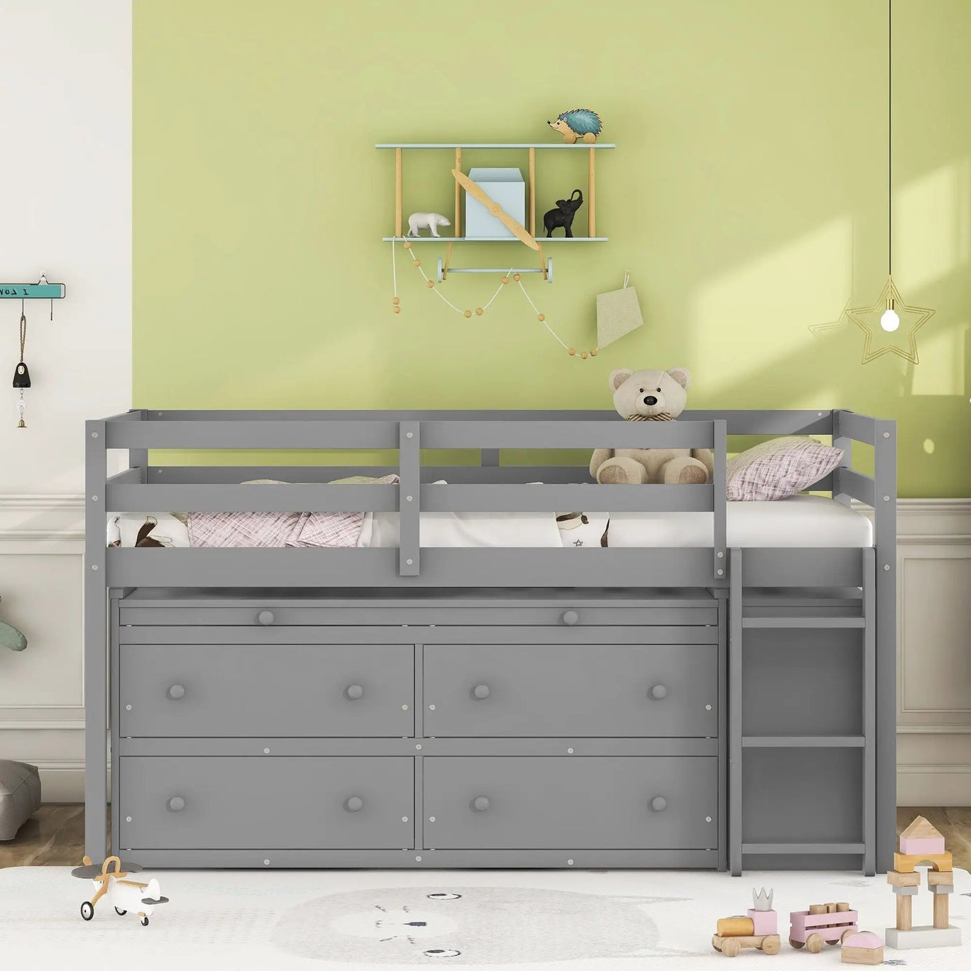 Loft Bed With Retractable Writing Desk And 4 Drawers, With Lateral Portable Desk And Shelves by Unique Piece Furniture