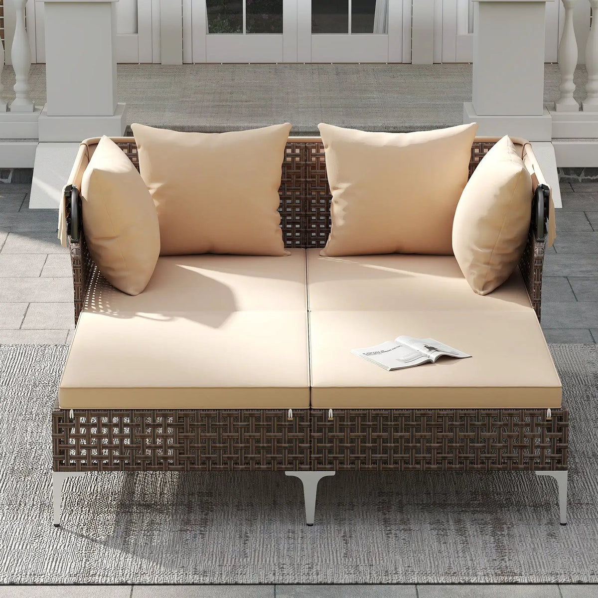 Outdoor Daybed with Retractable Canopy PE Wicker Rattan Patio Lounger, photo 10 of 16