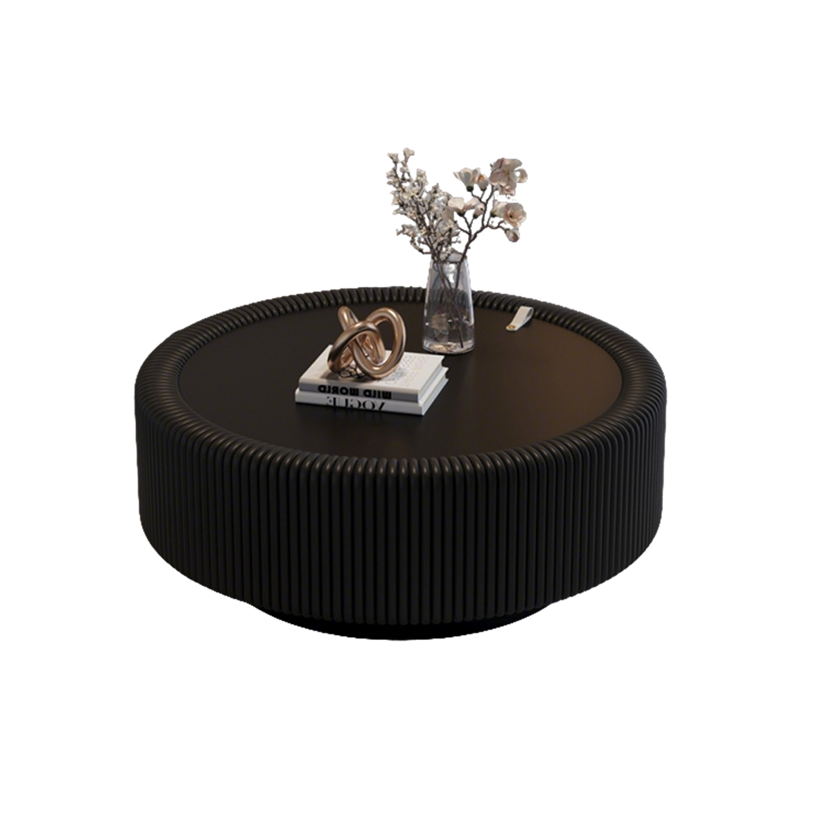 Black Round Fluted Coffee Table with Tempered Glass Top by HouseOfZazla
