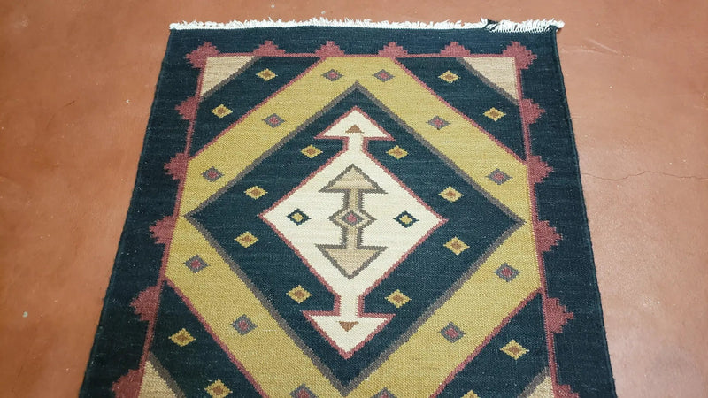 Vintage Indian Kilim Runner Rug, Geometric Flatweave Hand-Knotted Wool Kitchen Hallway Runner, Black Gold & Beige, 2' 8" x 9' 9" by Jewel Rugs