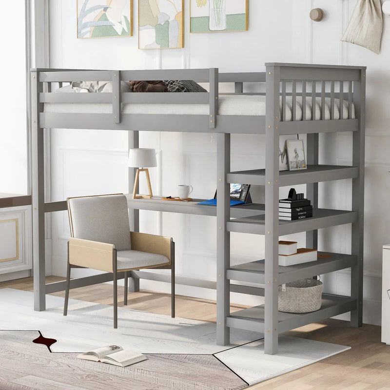 Loft Bed With Storage Shelves And Under Bed Desk