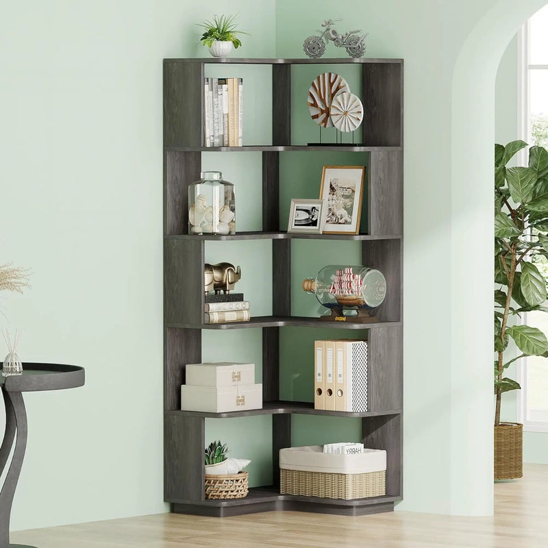 6 Tier Corner Bookshelf, L-Shaped Freestanding Shelf With Anti Drop Panels by HouseOfZazla