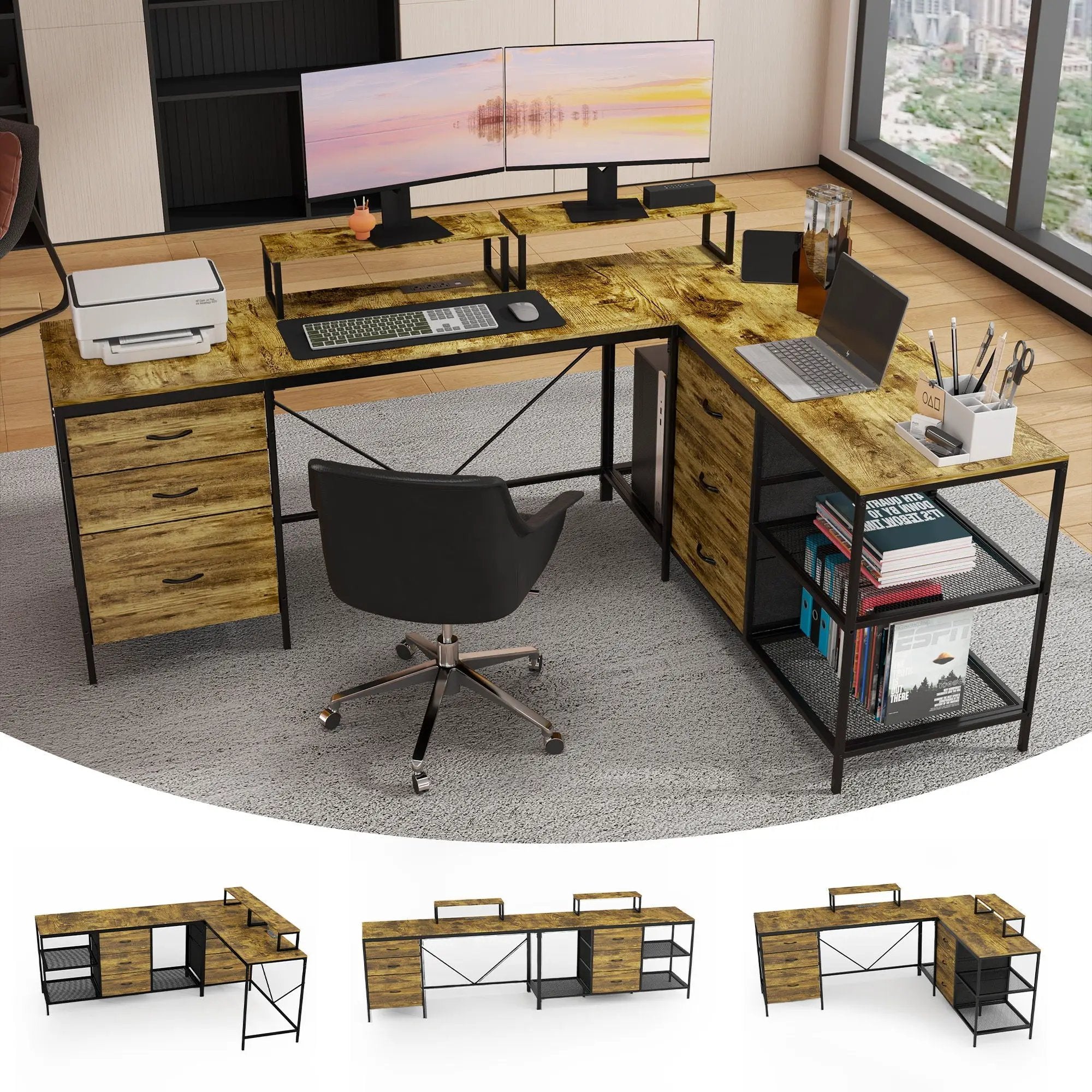 Industrial L Shaped Computer Desk With Power Outlets & USB-C, 6 Fabric Drawers, 3 Open Shelves, Movable Monitor Stands - Brown by Unique Piece Furniture