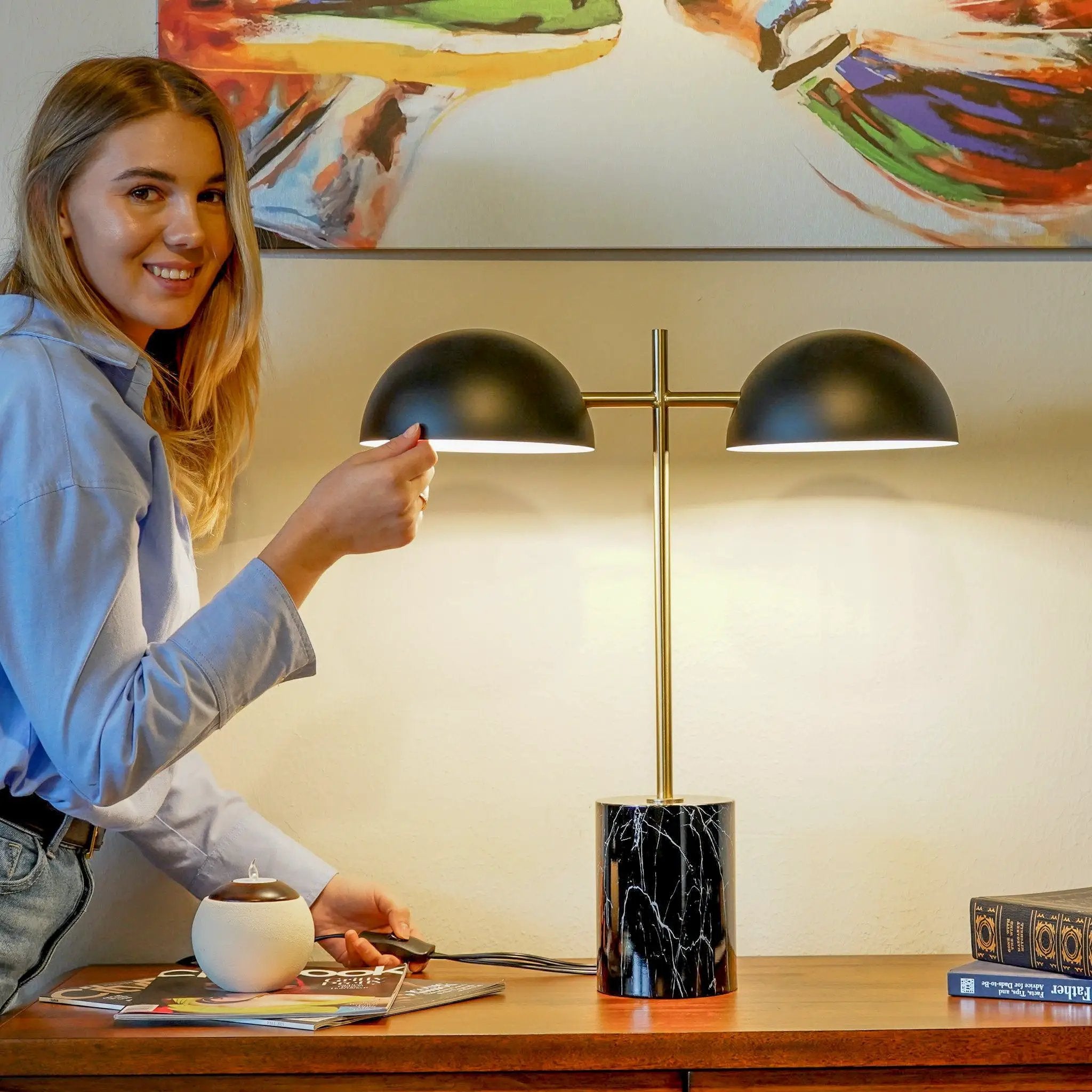 Nova - Hydro Table Lamp With On / Off Switch Double Lamp - Black / Gold / Marble by Unique Piece Furniture