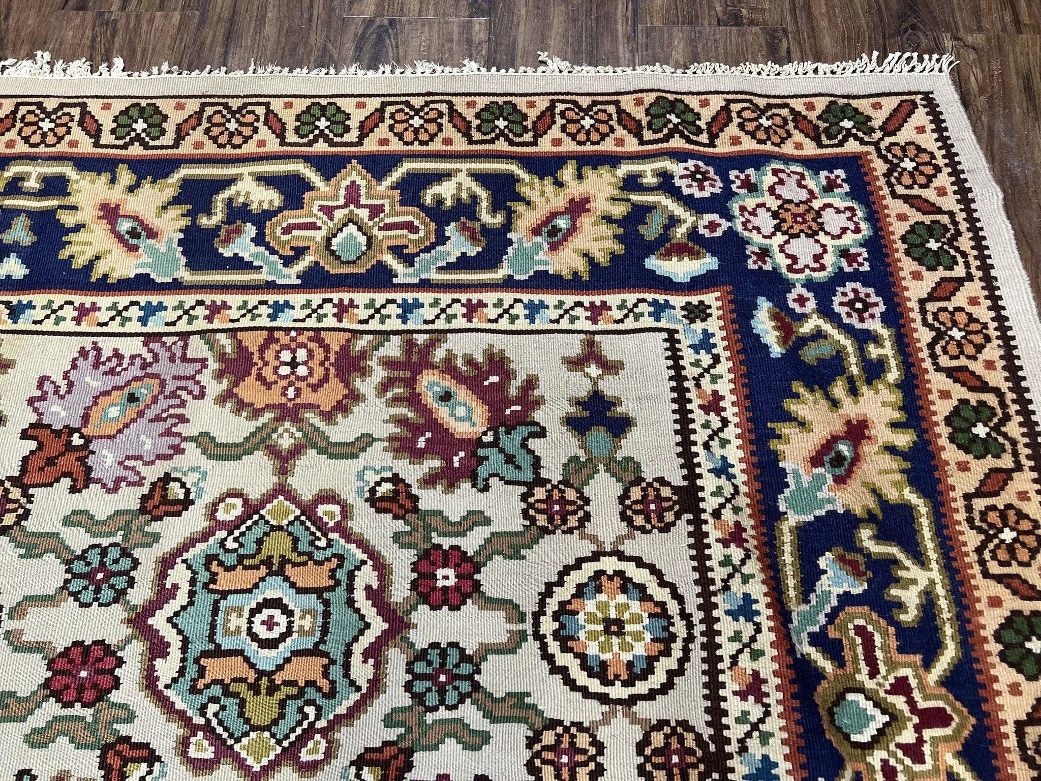 Antique Turkish Kilim Rug 7x10 Allover Pattern, Ivory Cream Maroon Light Blue, Wool Flatweave Hand Woven, Large Kilim, Vintage Kilim Carpet by Jewel Rugs
