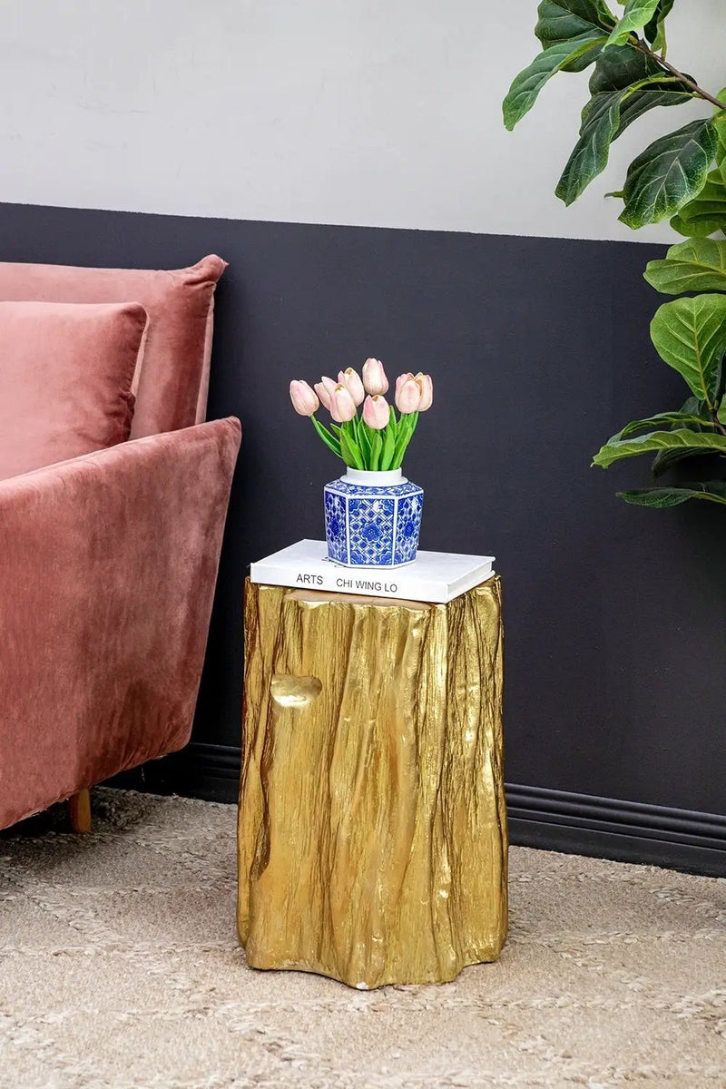 Unique Golden Tree Trunk Stool with Antique Gold Distressed Finish by HouseOfZazla