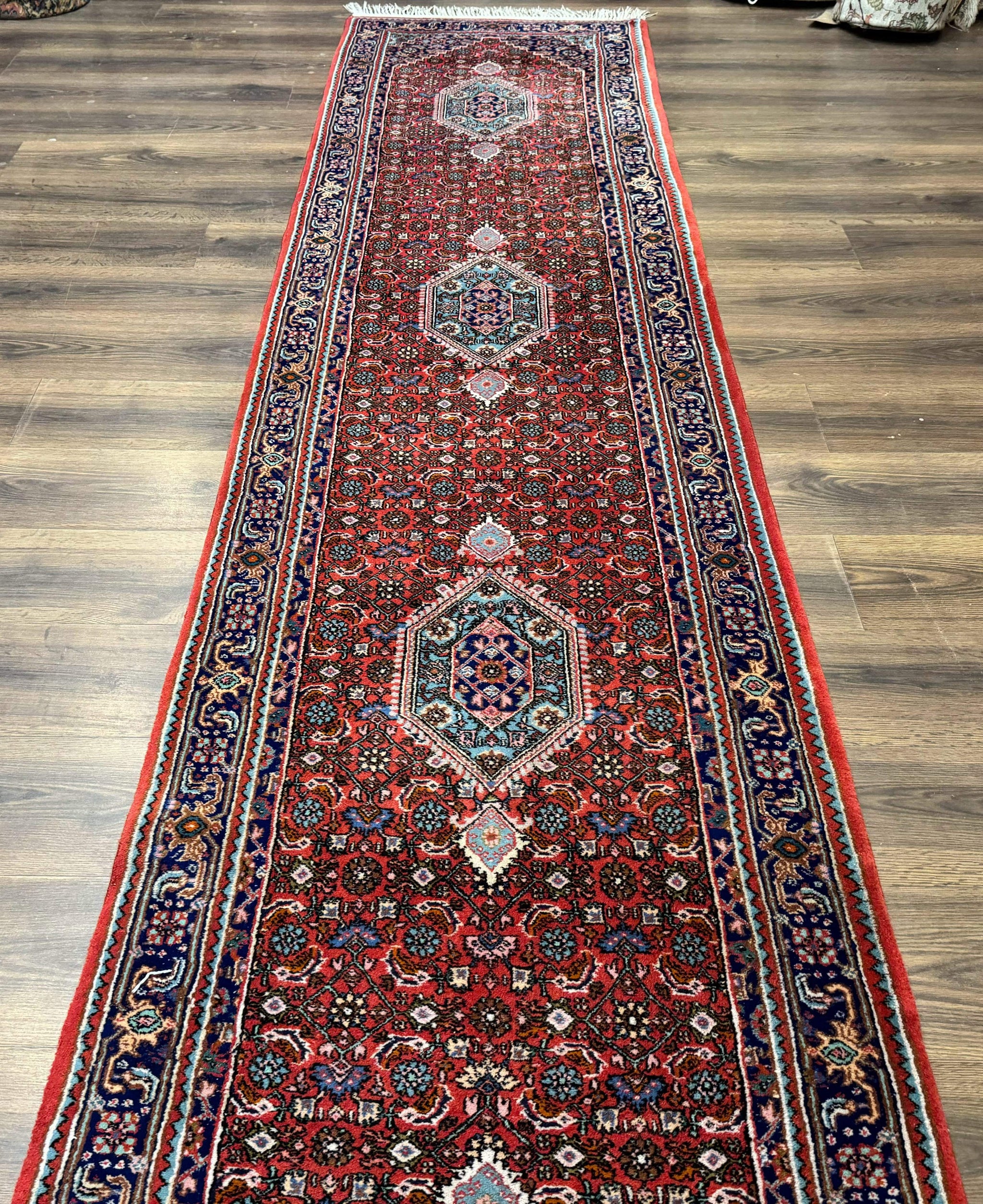 Indo Persian Bidjar Runner Rug 3 x 18.6, Red Navy Blue, Long Runner, Wool Oriental Carpet by Jewel Rugs