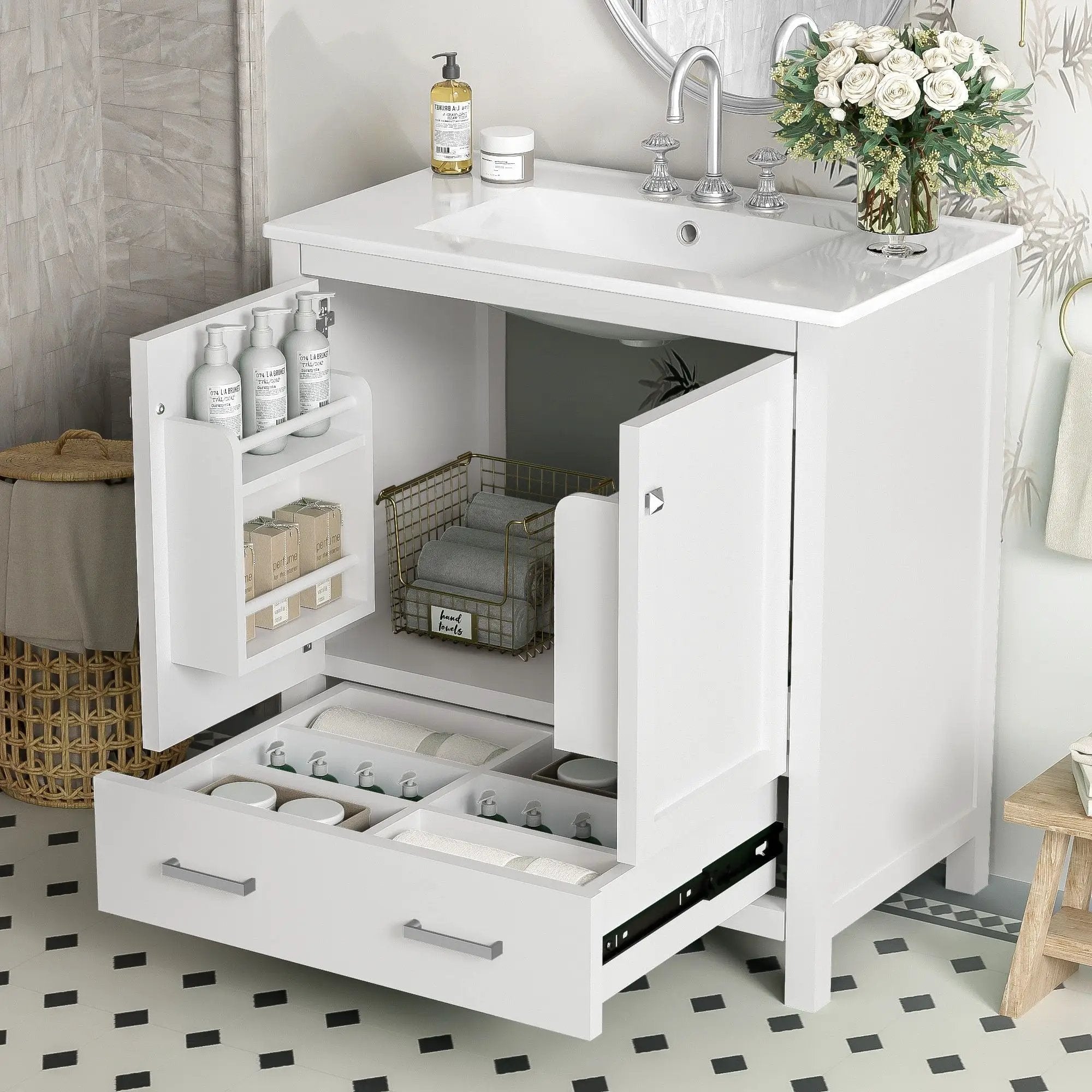 Bathroom Vanity With Single Sink, Combo Cabinet Undermount Sink, Bathroom Storage Cabinet With Two Doors And A Drawer, Soft Closing, Multifunctional Storage, Solid Wood Frame by Unique Piece Furniture