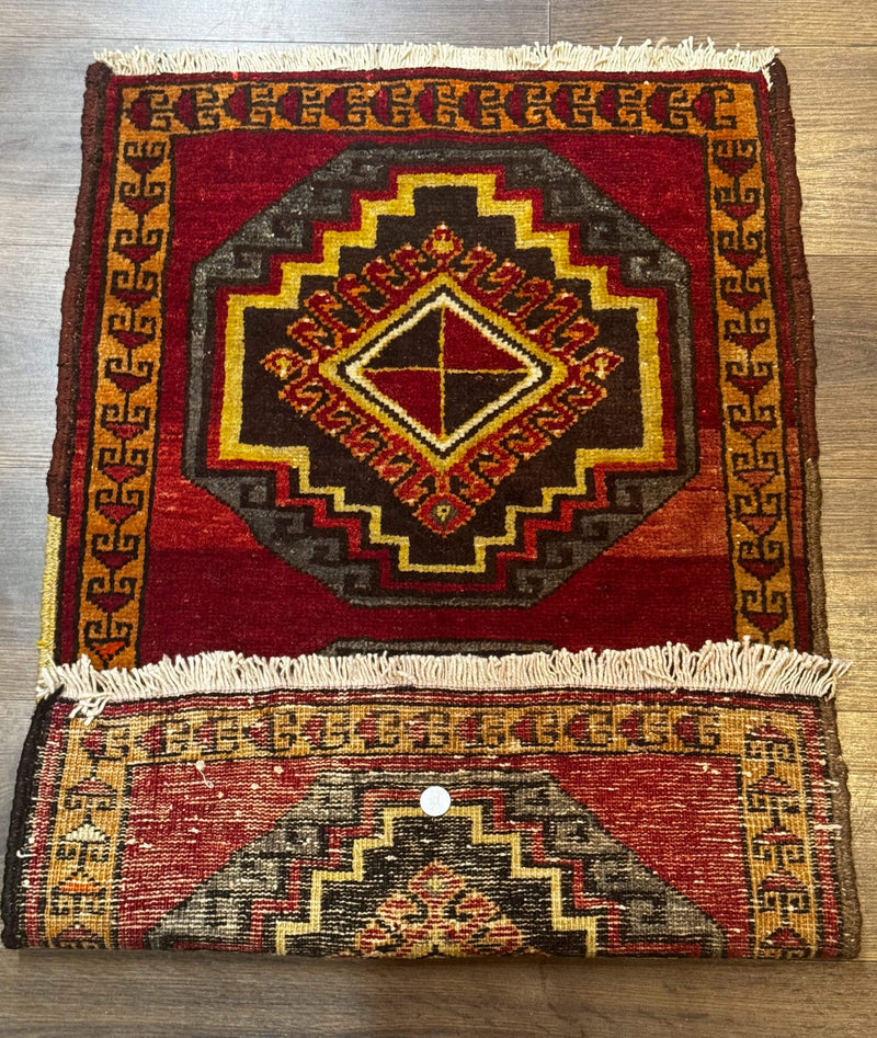 Small Antique Turkish Yastik Rug 2x3, Double Medallions, Geometric, Red, Wool by Jewel Rugs