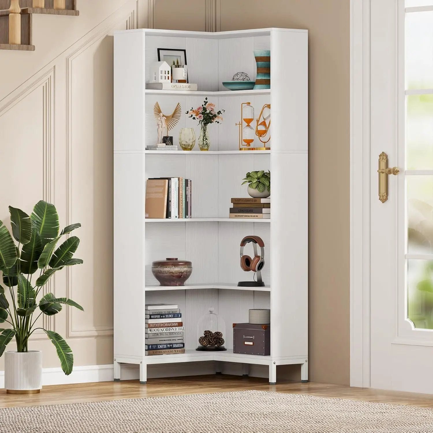 L-Shaped Bookcase, 5 Tier Freestanding Corner Bookshelf