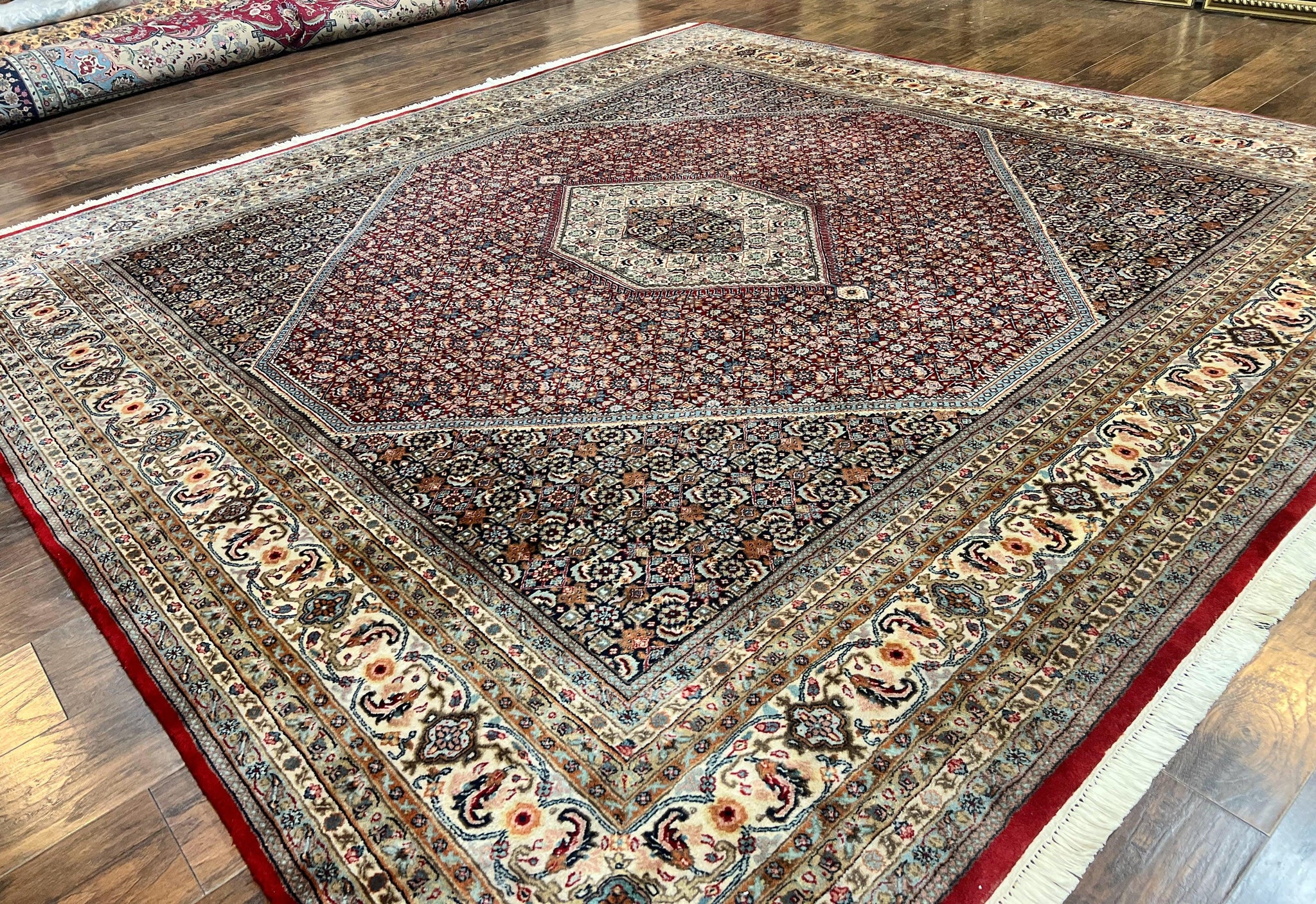 Square Indo Persian Bidjar Rug 10x10, Red, Handmade Vintage Wool Carpet by Jewel Rugs