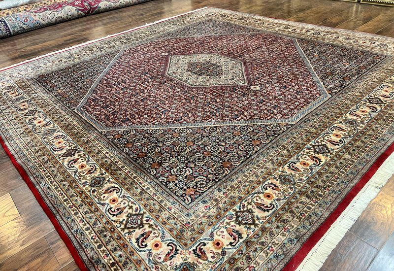 Square Indo Persian Bidjar Rug 10x10, Red, Handmade Vintage Wool Carpet by Jewel Rugs