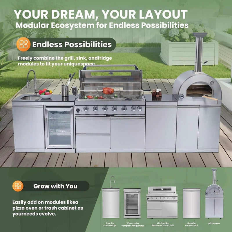 Blazon 128-Inch 6-Burner 120K BTU Outdoor Kitchen Island With Pizza Oven, Rotisserie & Refrigerator (SAK75770) by SAKSBY WHOLESALE