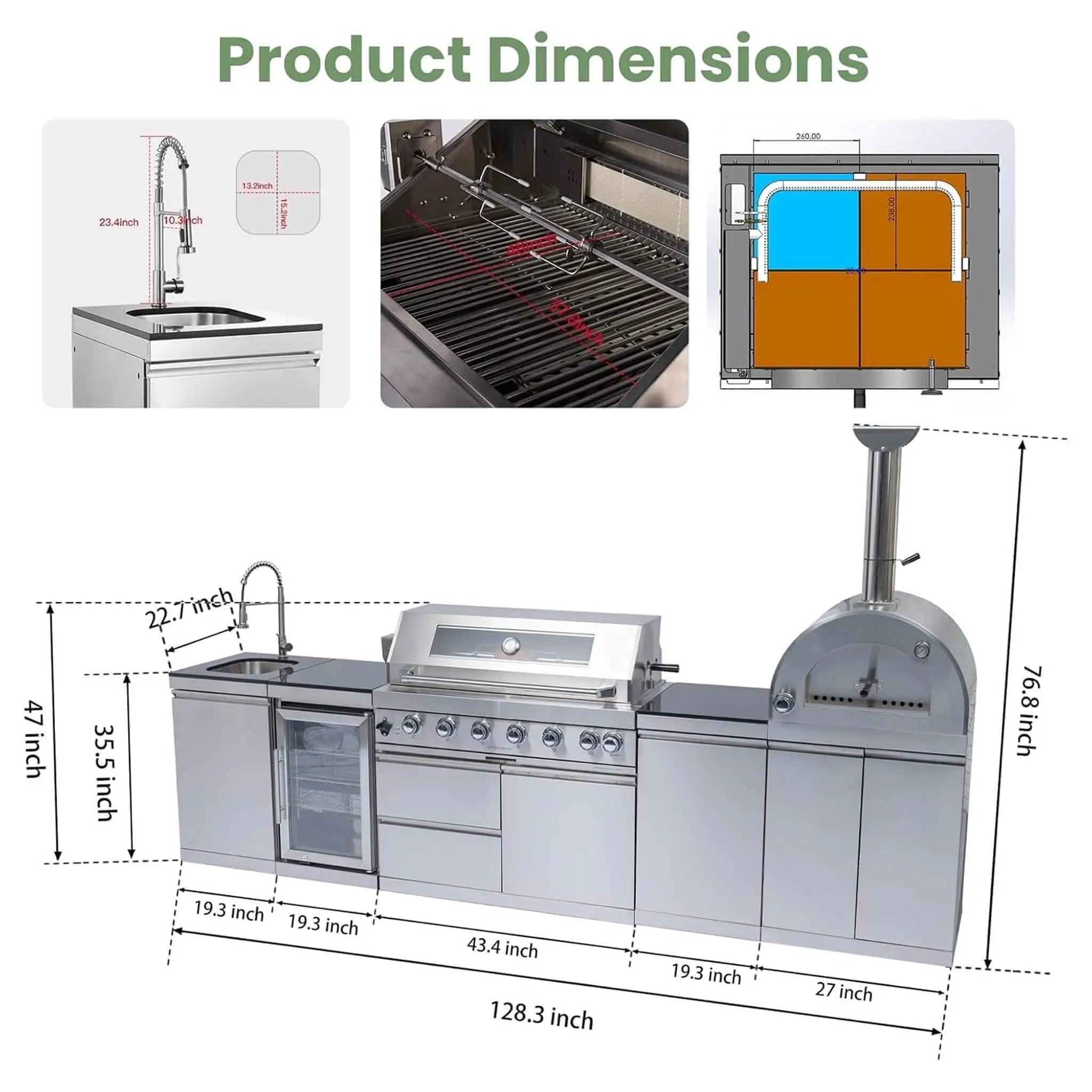Blazon 128-Inch 6-Burner 120K BTU Outdoor Kitchen Island With Pizza Oven, Rotisserie & Refrigerator (SAK75770) by SAKSBY WHOLESALE