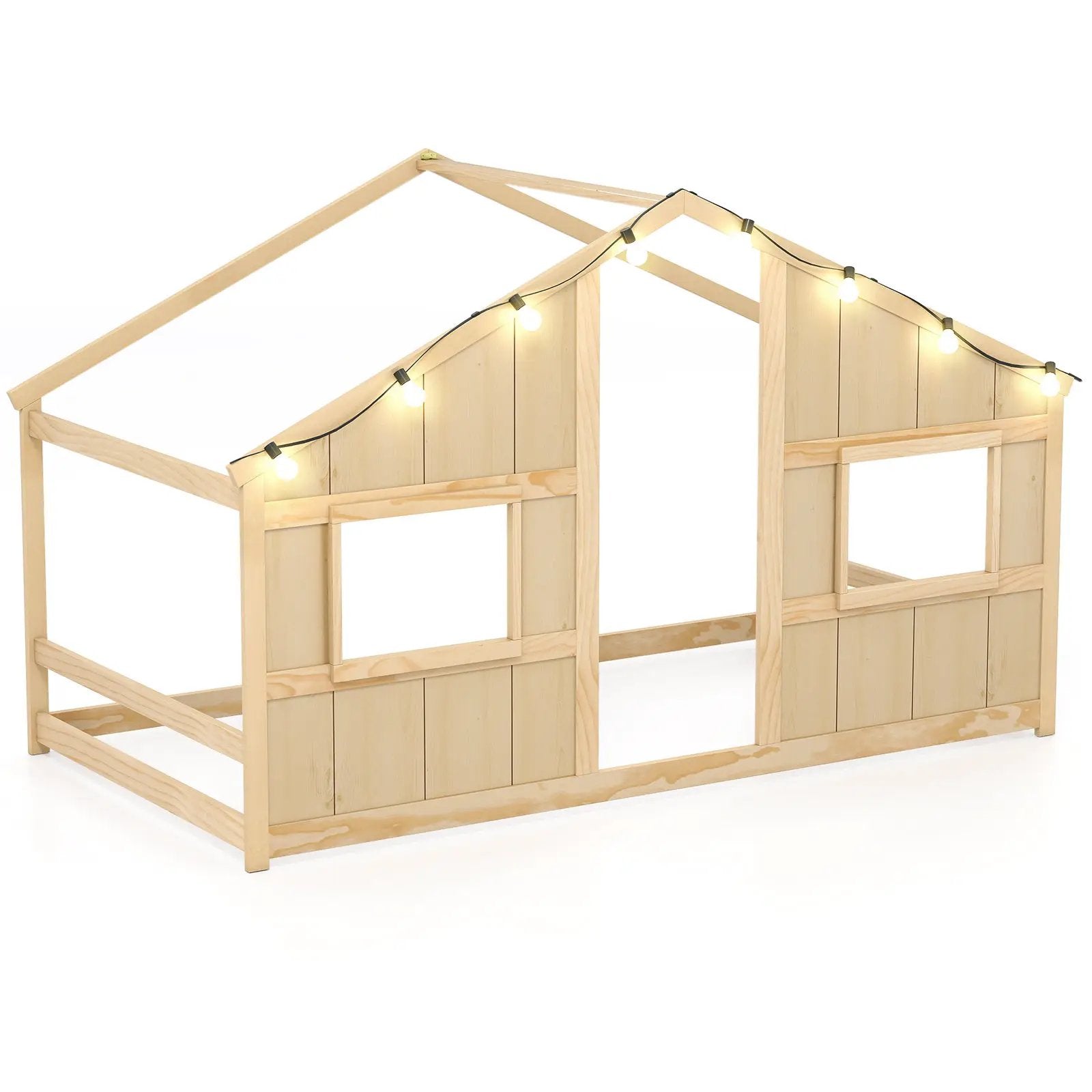 Twin Size House Bed with LED Lights Montessori Slat-free Floor Bed by DirectDeals