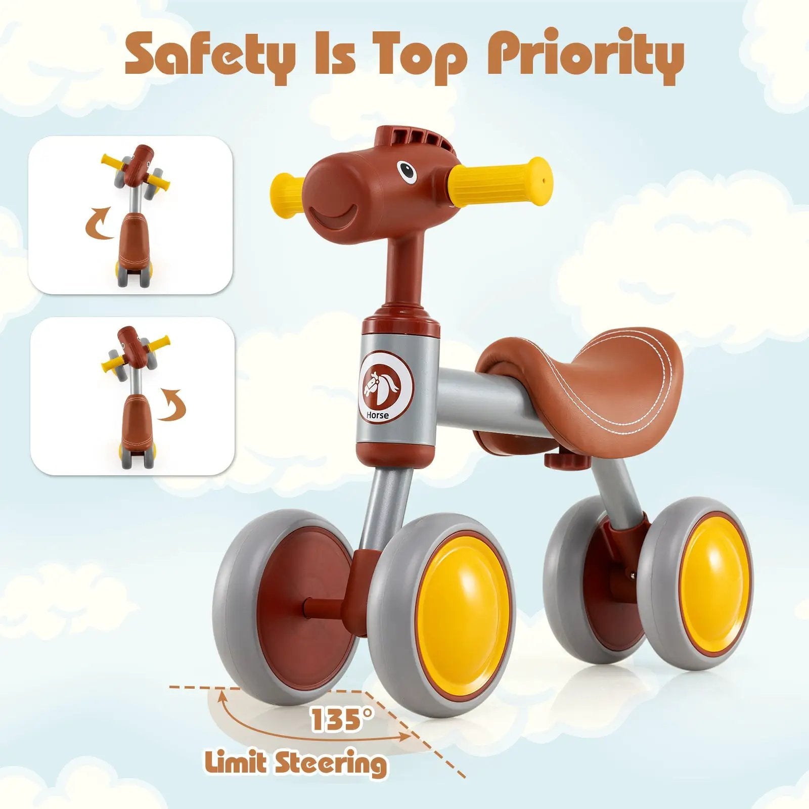 Baby Balance Bike No Pedal 4-Wheel Bicycle-Brown by DirectDeals