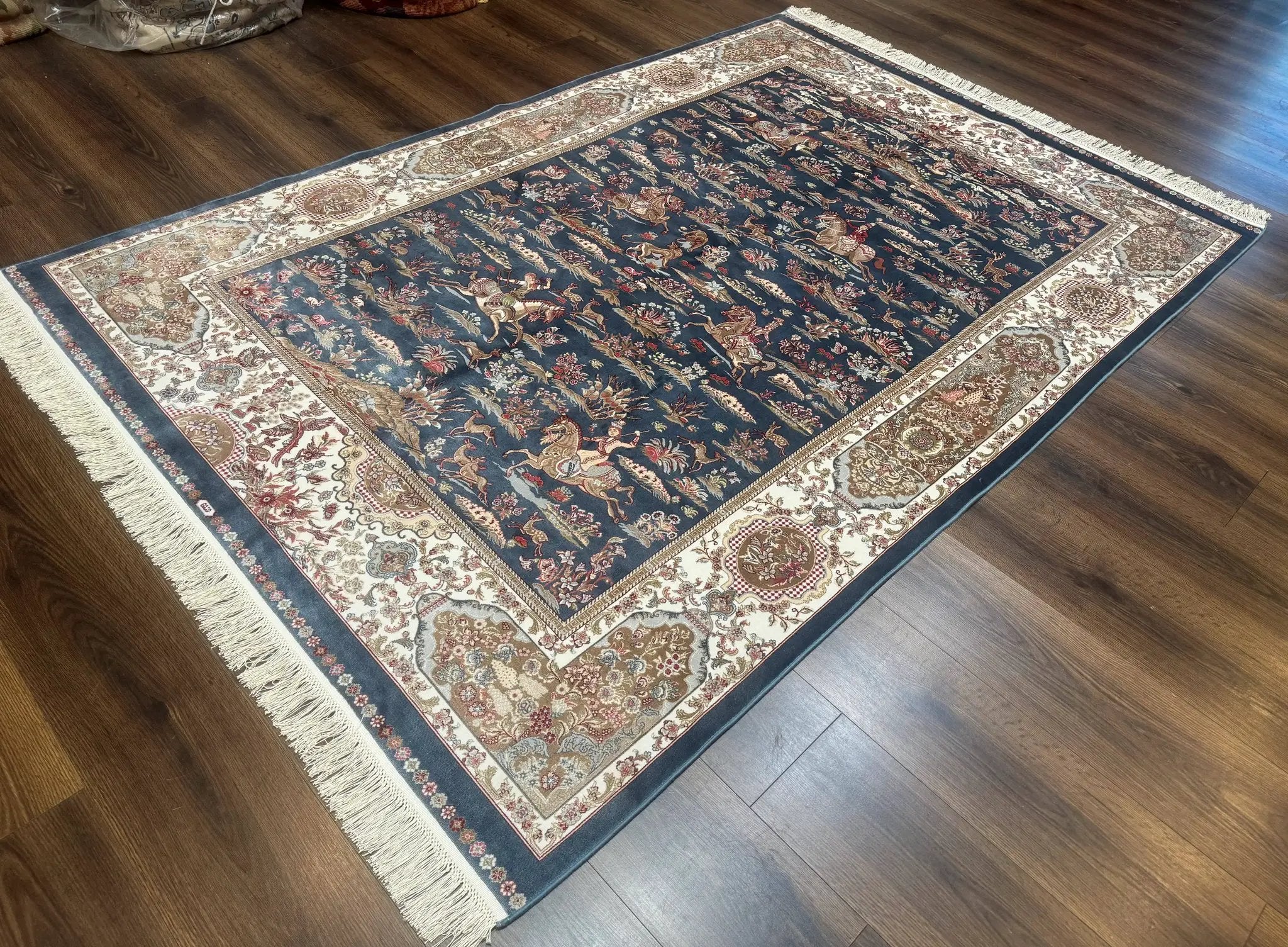 Turkish Silk Rug 5x8, Hunting Design, Animal Pictorials, Steel Blue & Ivory, Bamboo Silk by Jewel Rugs