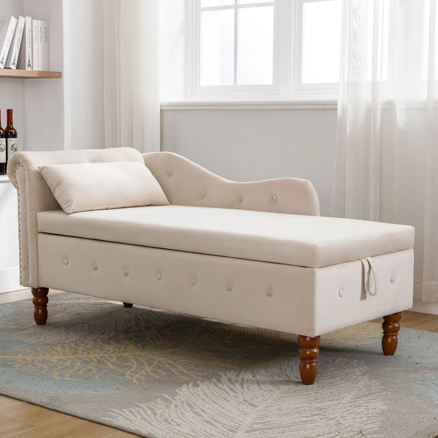 Chaise Lounge Indoor, Lounge Chair For Bedroom With Storage & Pillow, Modern Upholstered Rolled Arm Chase Lounge For Sleeping With Nailhead Trim For Living Room Bedroom Office by Unique Piece Furniture