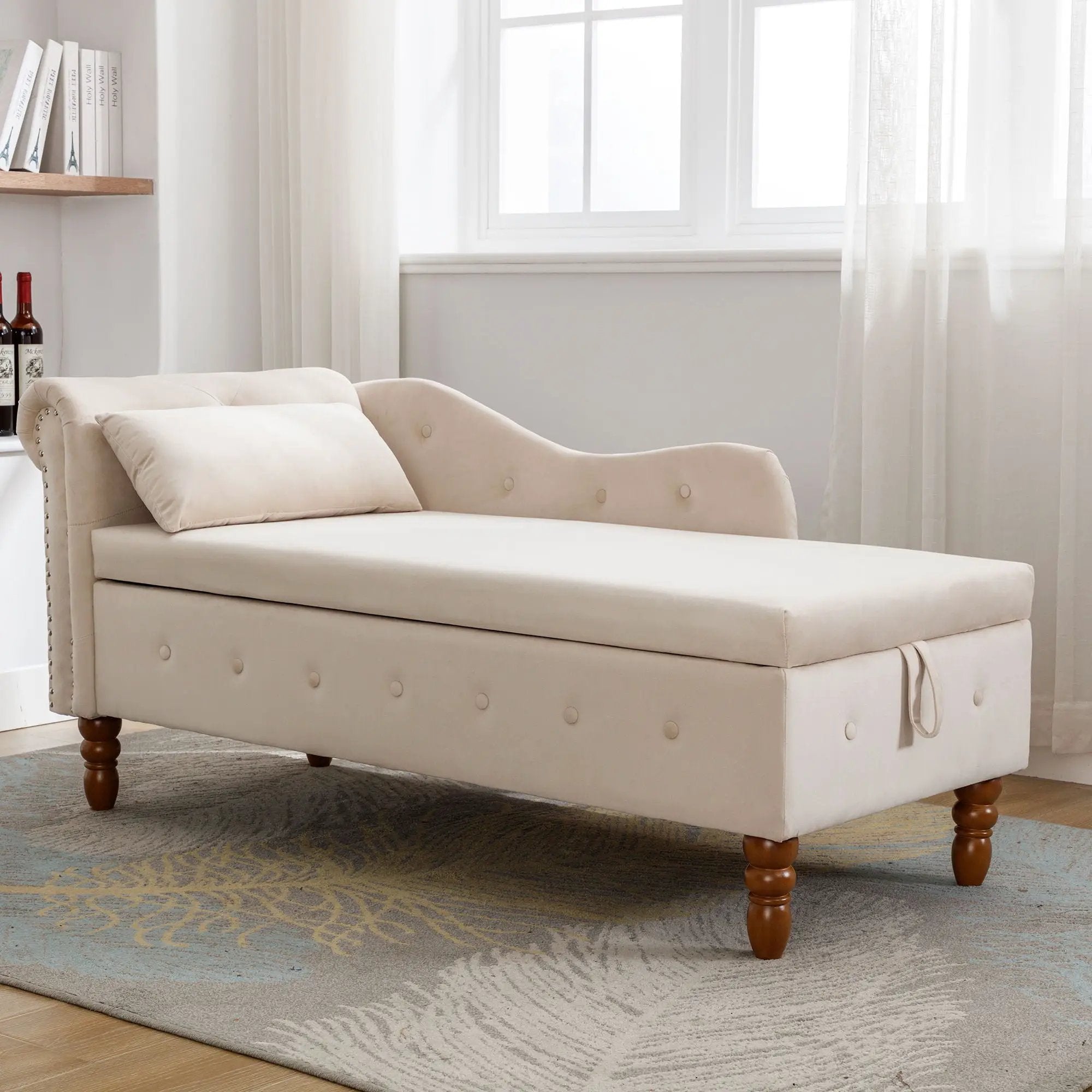 Chaise Lounge Indoor, Lounge Chair For Bedroom With Storage & Pillow, Modern Upholstered Rolled Arm Chase Lounge For Sleeping With Nailhead Trim For Living Room Bedroom Office by Unique Piece Furniture
