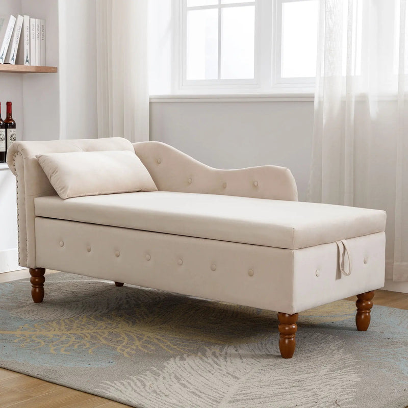 Chaise Lounge Indoor, Lounge Chair For Bedroom With Storage & Pillow, Modern Upholstered Rolled Arm Chase Lounge For Sleeping With Nailhead Trim For Living Room Bedroom Office by HouseOfZazla