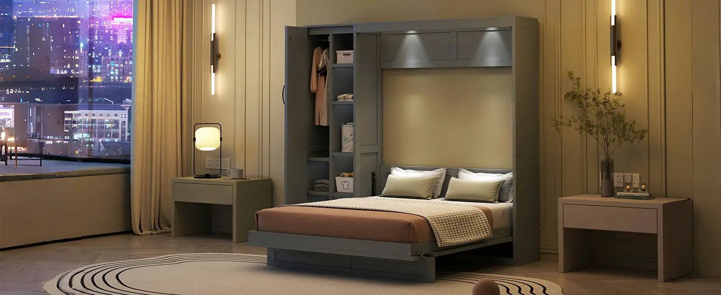 Murphy Wall Bed With Shelves, Wardrobe And LED Lights