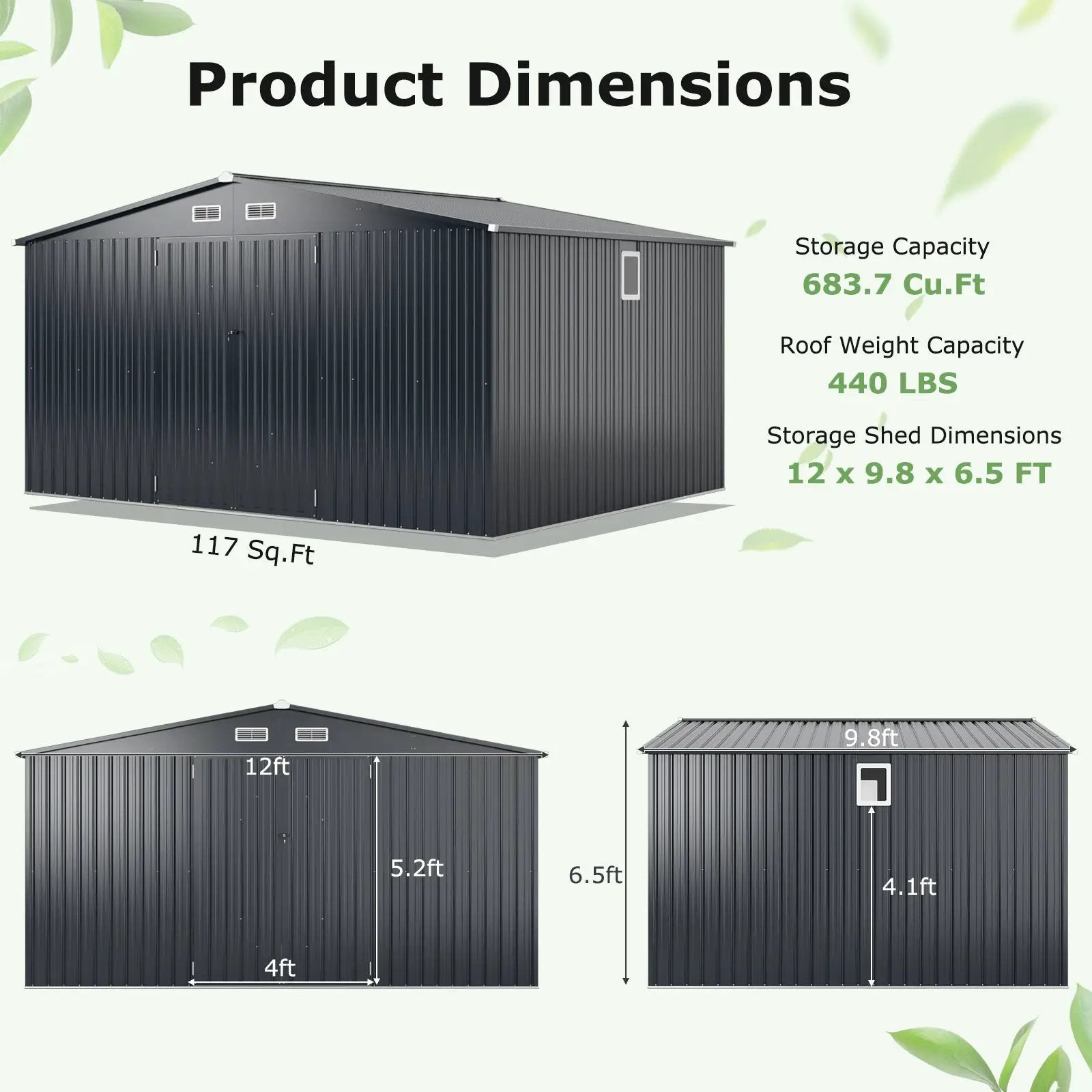 12 x 9.8 Feet Outdoor Storage Shed with Lockable Door and Pitched Roof-Gray by DirectDeals