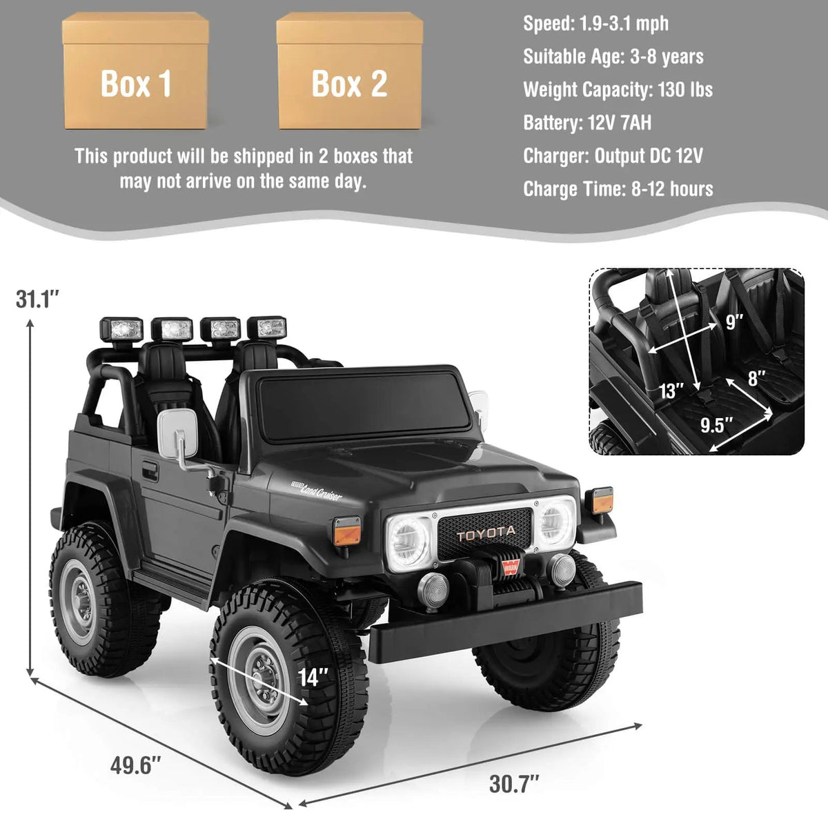 12V 2-Seat Licensed Kids Ride On Toyota FJ40 Car with 2.4G Remote Control, photo 4 of 10