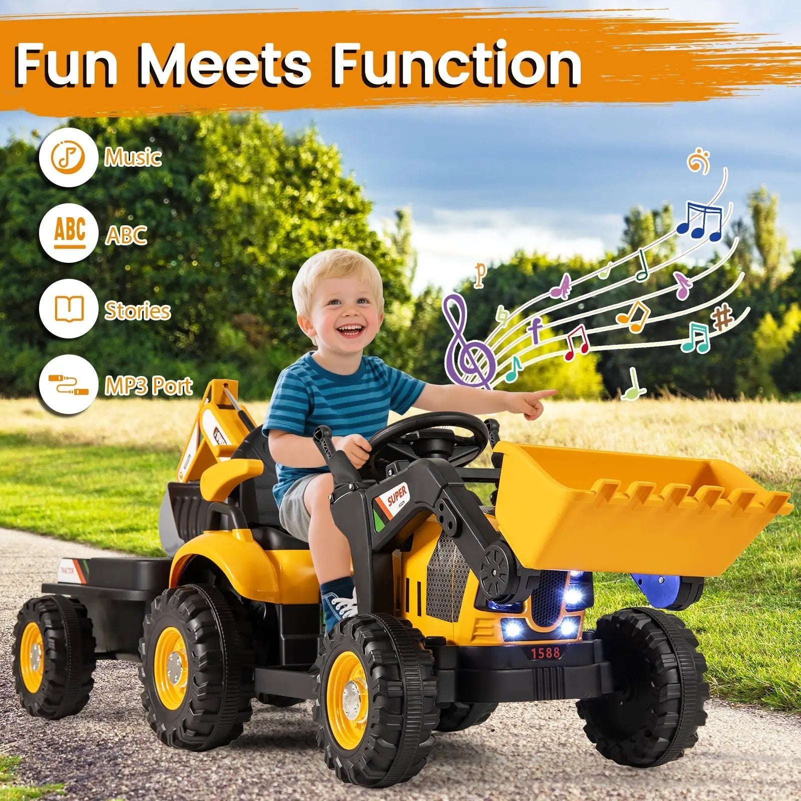4-in-1 Kids Ride on Tractor 12V Excavator Bulldozer with Remote Control-Yellow by DirectDeals