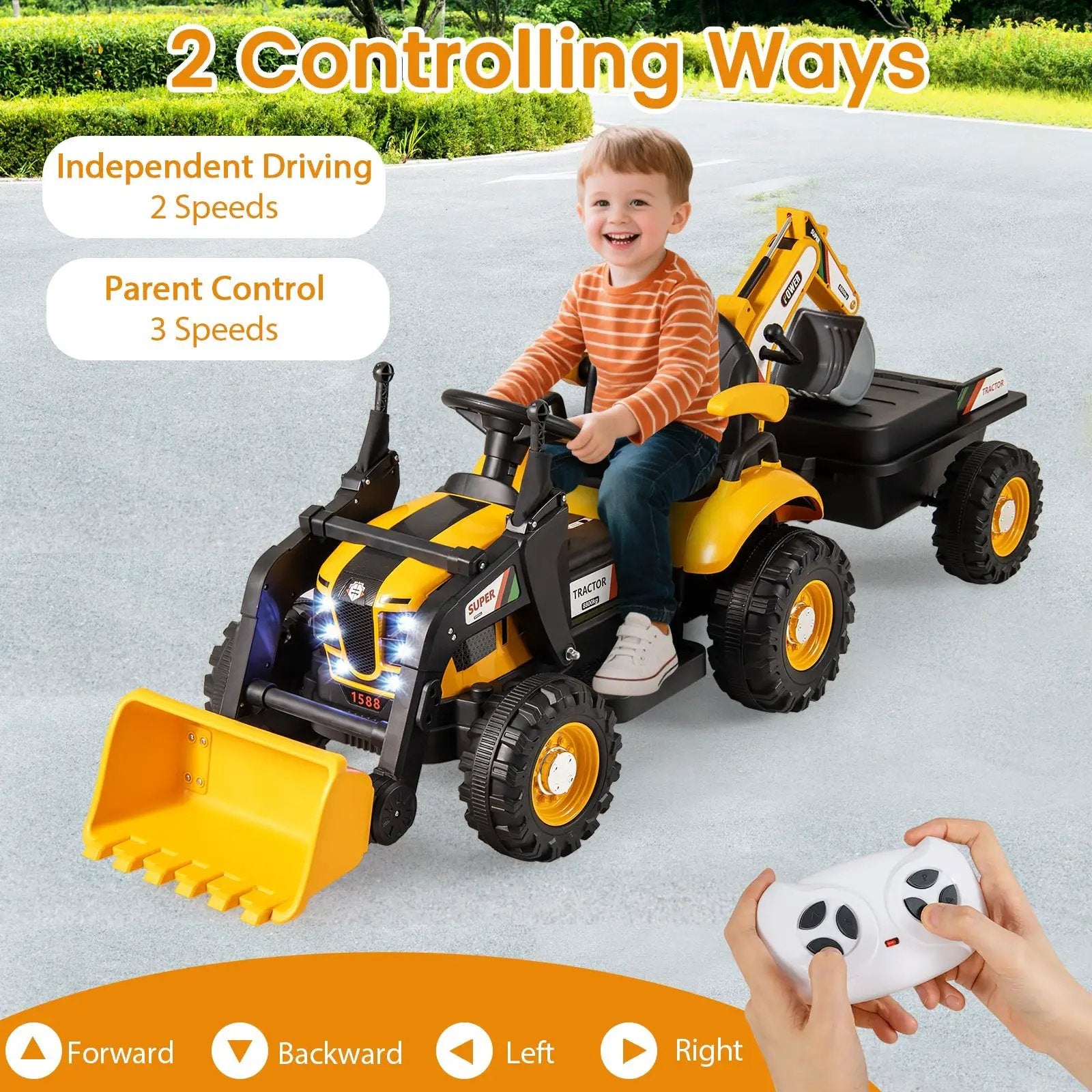 4-in-1 Kids Ride on Tractor 12V Excavator Bulldozer with Remote Control-Yellow by DirectDeals