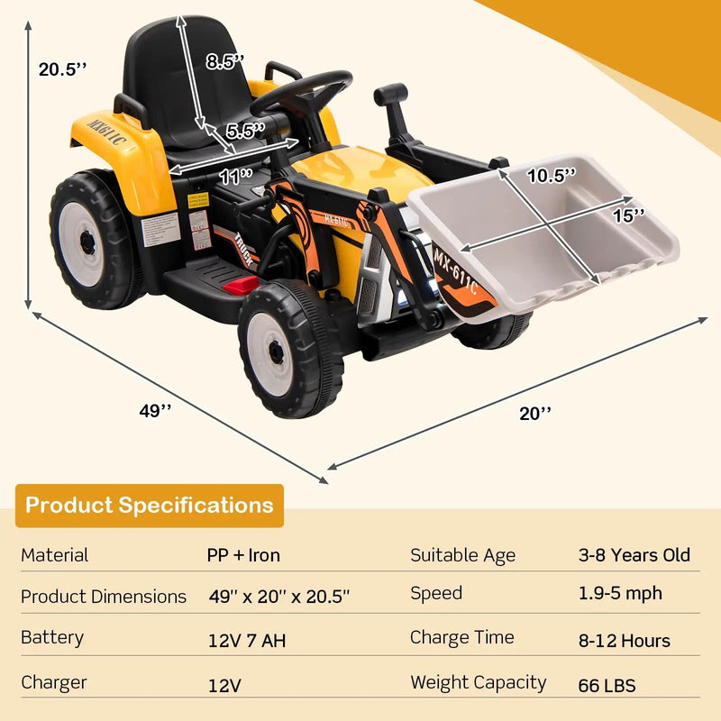 12V Battery Powered Kids Ride on Excavator with Adjustable Arm and Bucket by DirectDeals