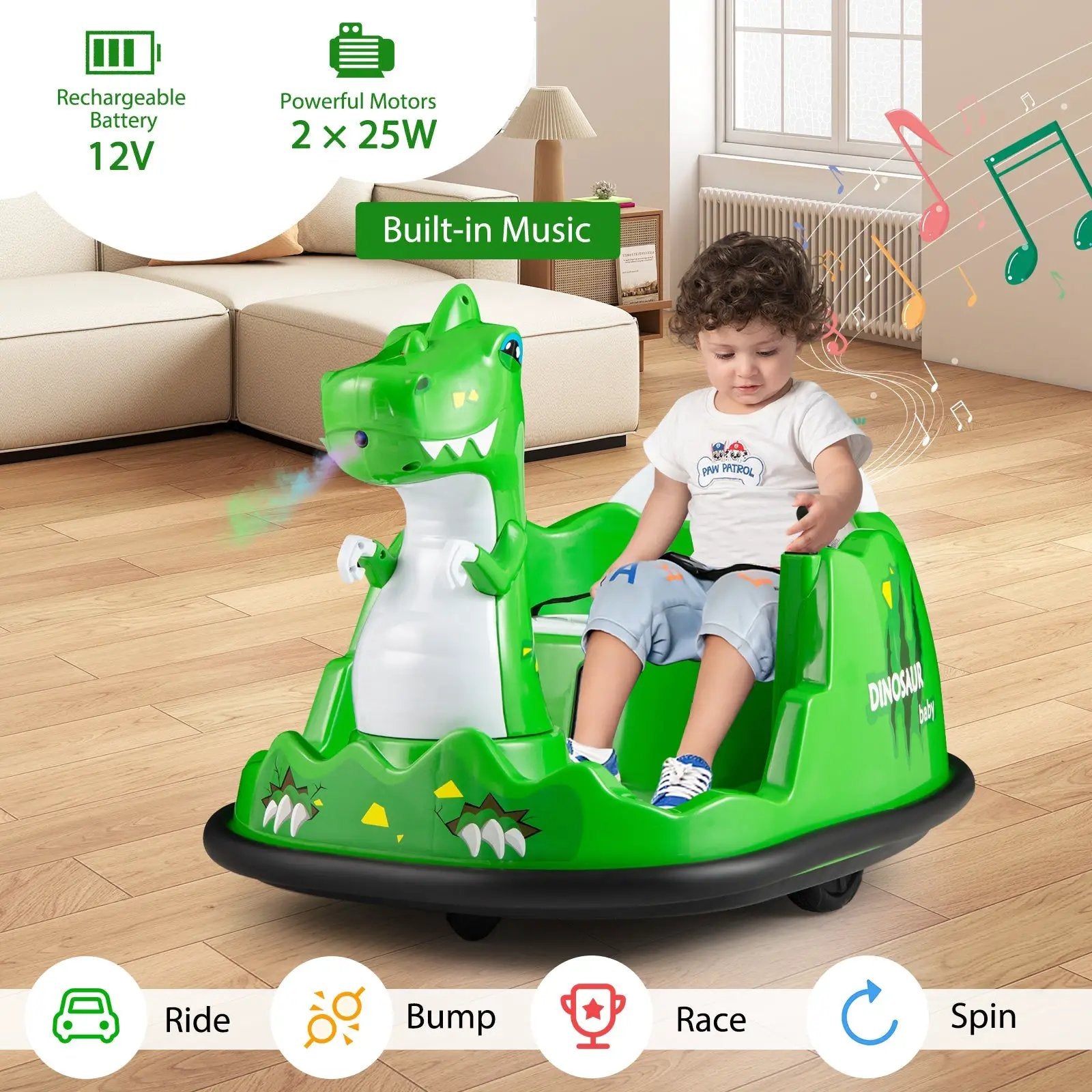 12V Bumper Car with Spray Function and Remote Control for Toddlers Aged 2-5-Green by DirectDeals