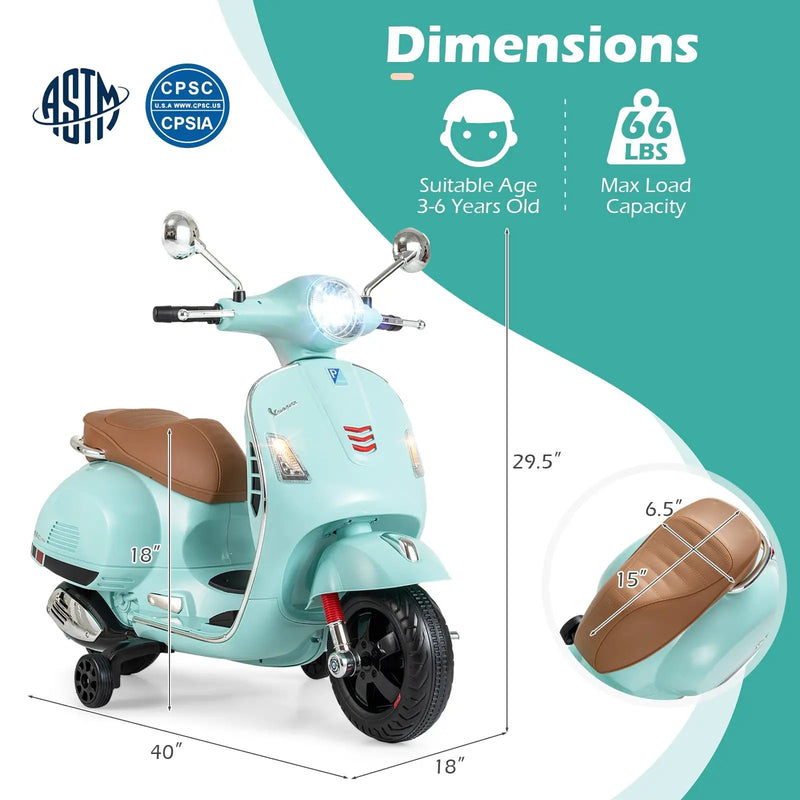 12V Kids Electric Motorcycle Licensed VESPA with Music and Training Wheels by DirectDeals
