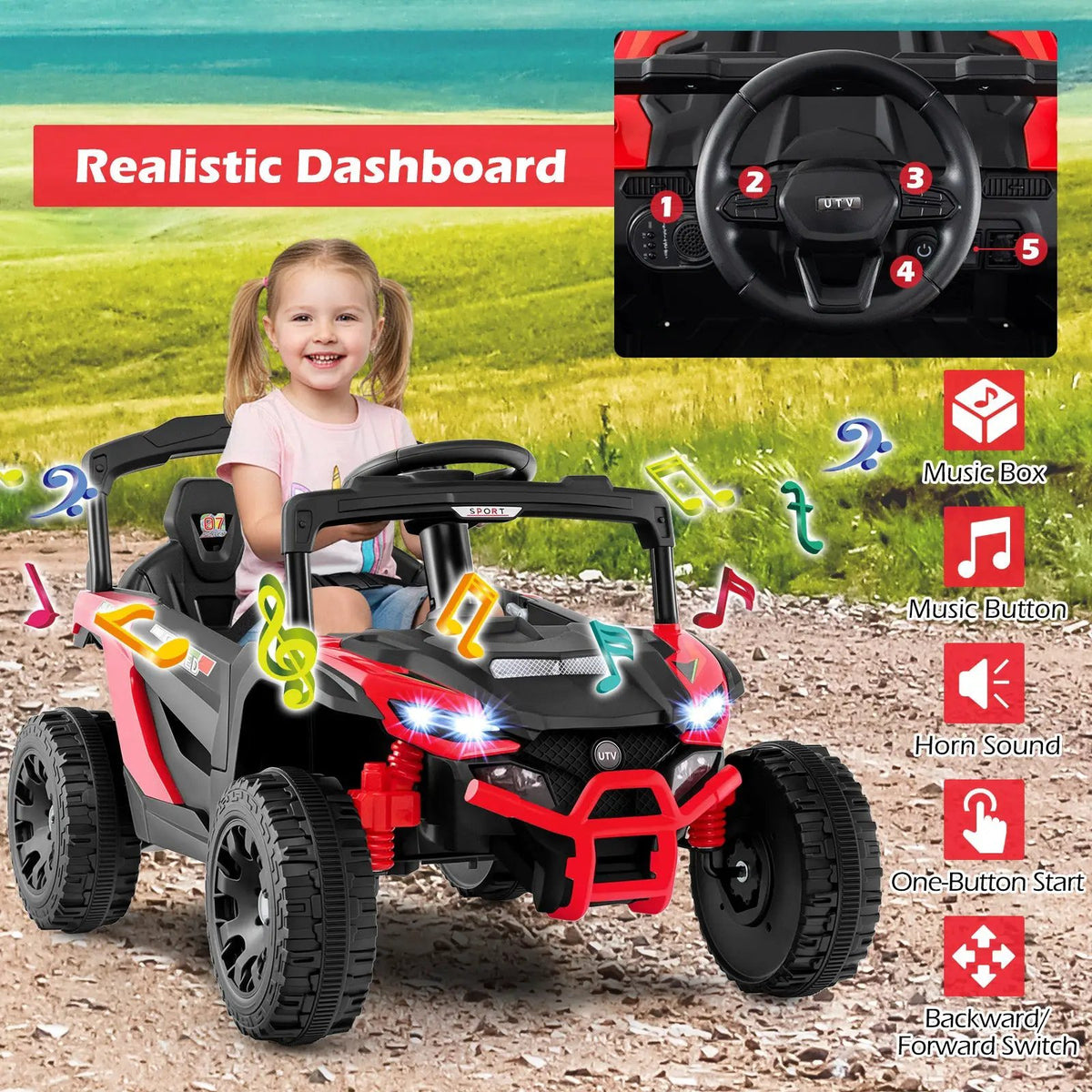 12V Kids Ride On Car UTV Electric Vehicle with LED Lights Music and Horn, photo 22 of 24