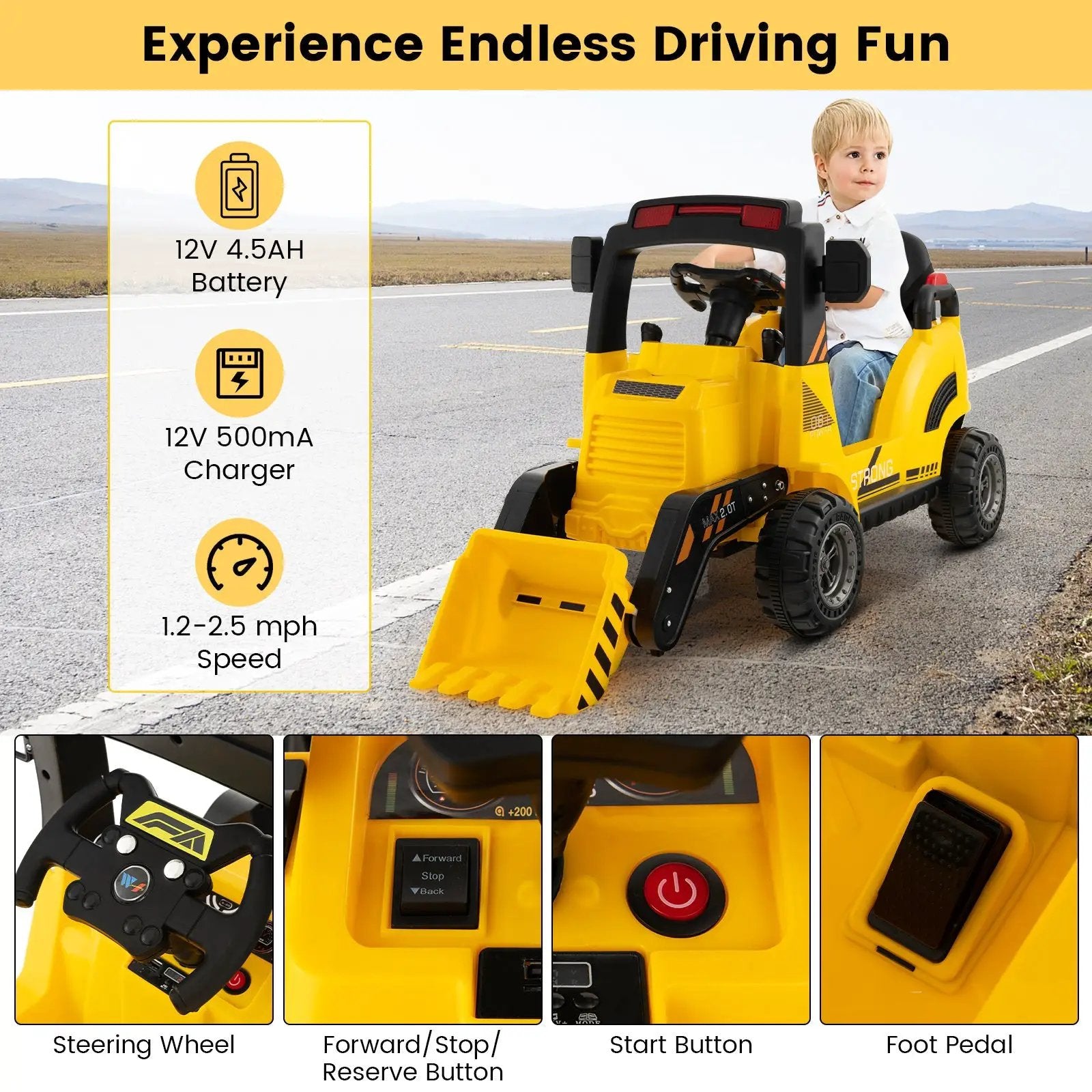 12V Kids Ride On Construction Tractor with Electric Adjustable Bucket-Yellow by DirectDeals