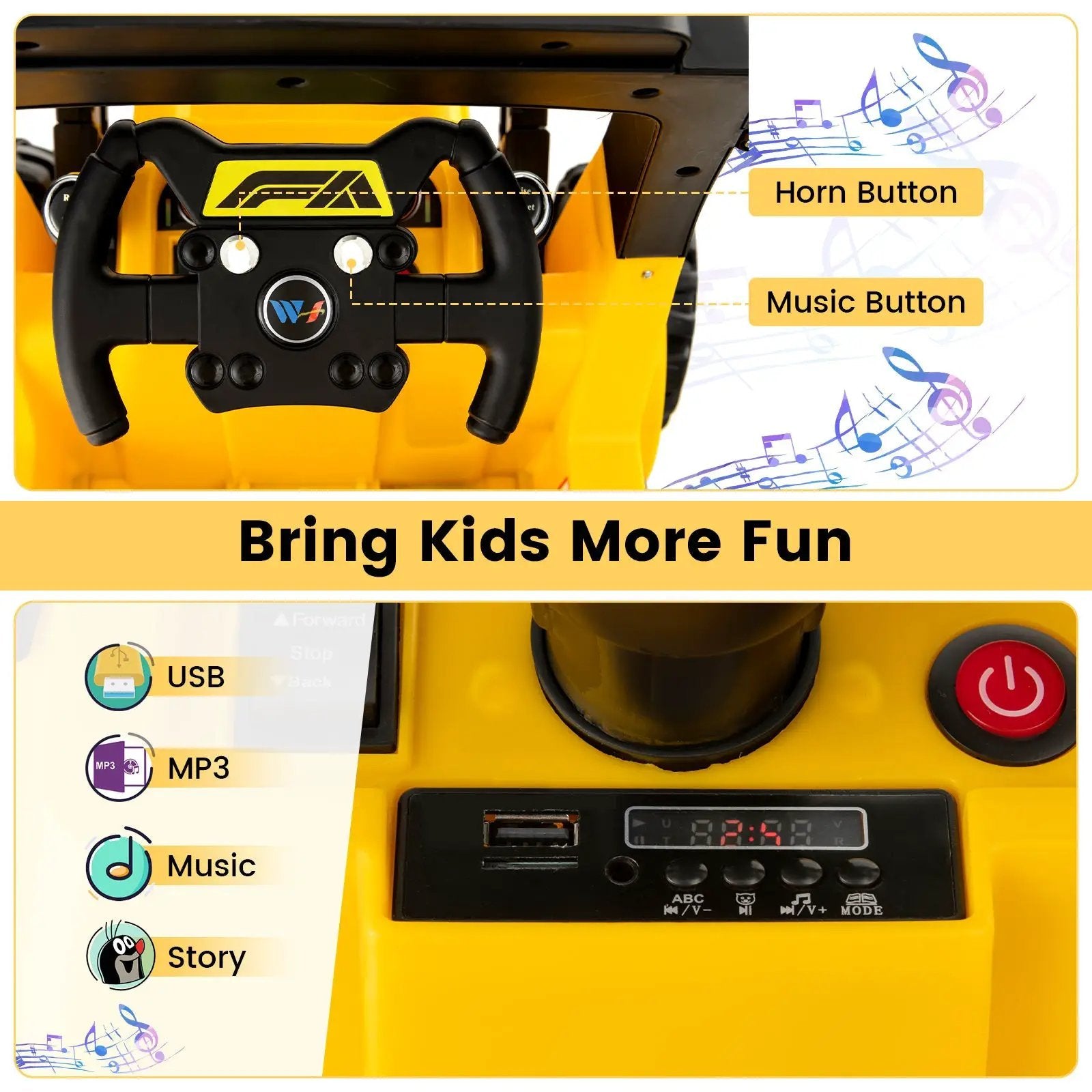 12V Kids Ride On Construction Tractor with Electric Adjustable Bucket-Yellow by DirectDeals