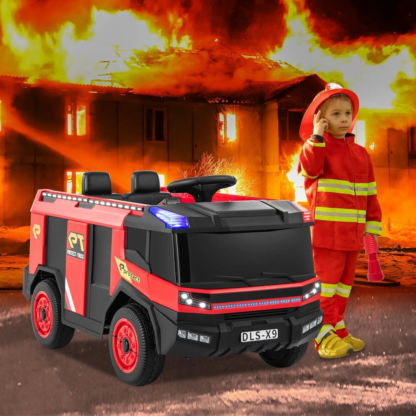 12V Kids Ride on Fire Truck 2-Seater with Remote Control and Water Gun-Red by DirectDeals