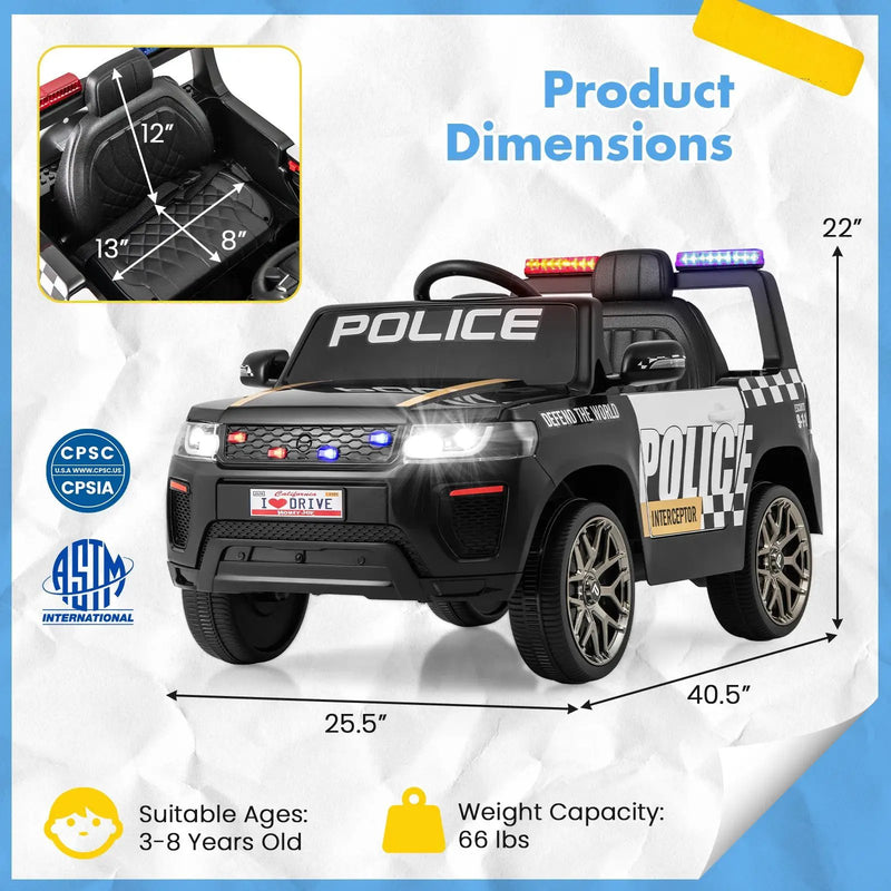 12V Kids Ride on Police Car with Remote and Siren Flashing Lights by DirectDeals